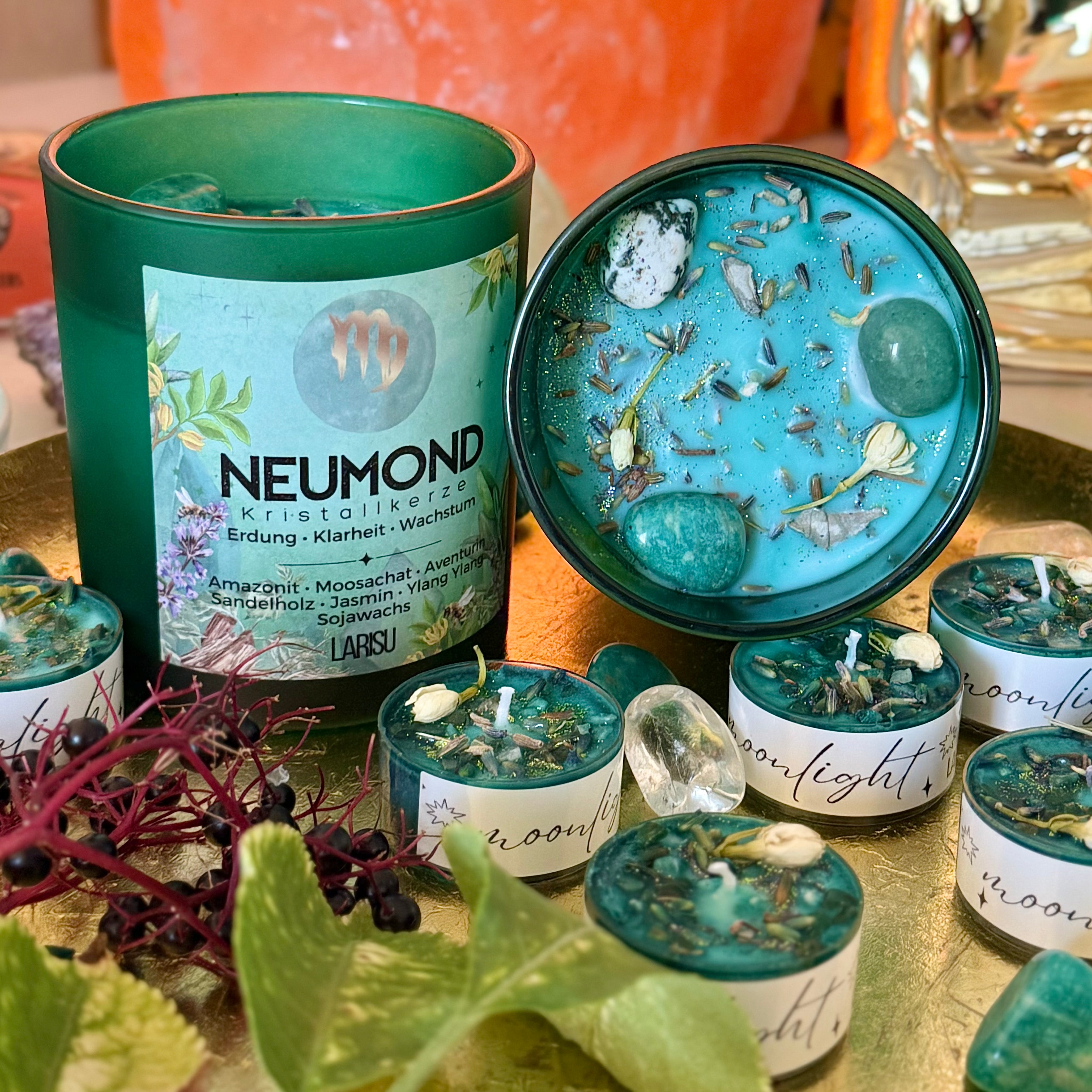 Neumondkerze mit Kristallen, 11. September, limitiert