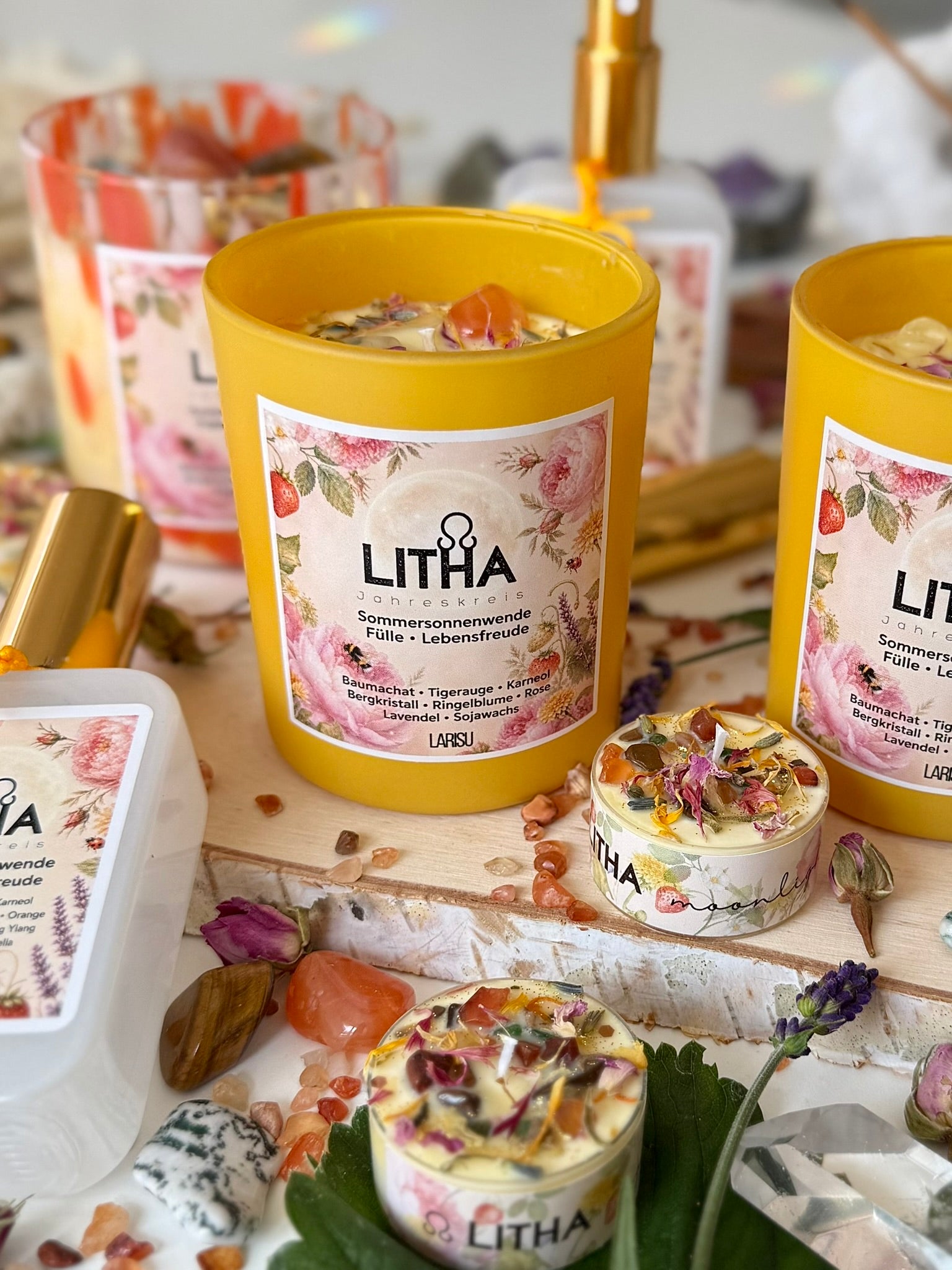 Litha Sommersonnenwende Kristallkerze gelbes Glas, limitiert