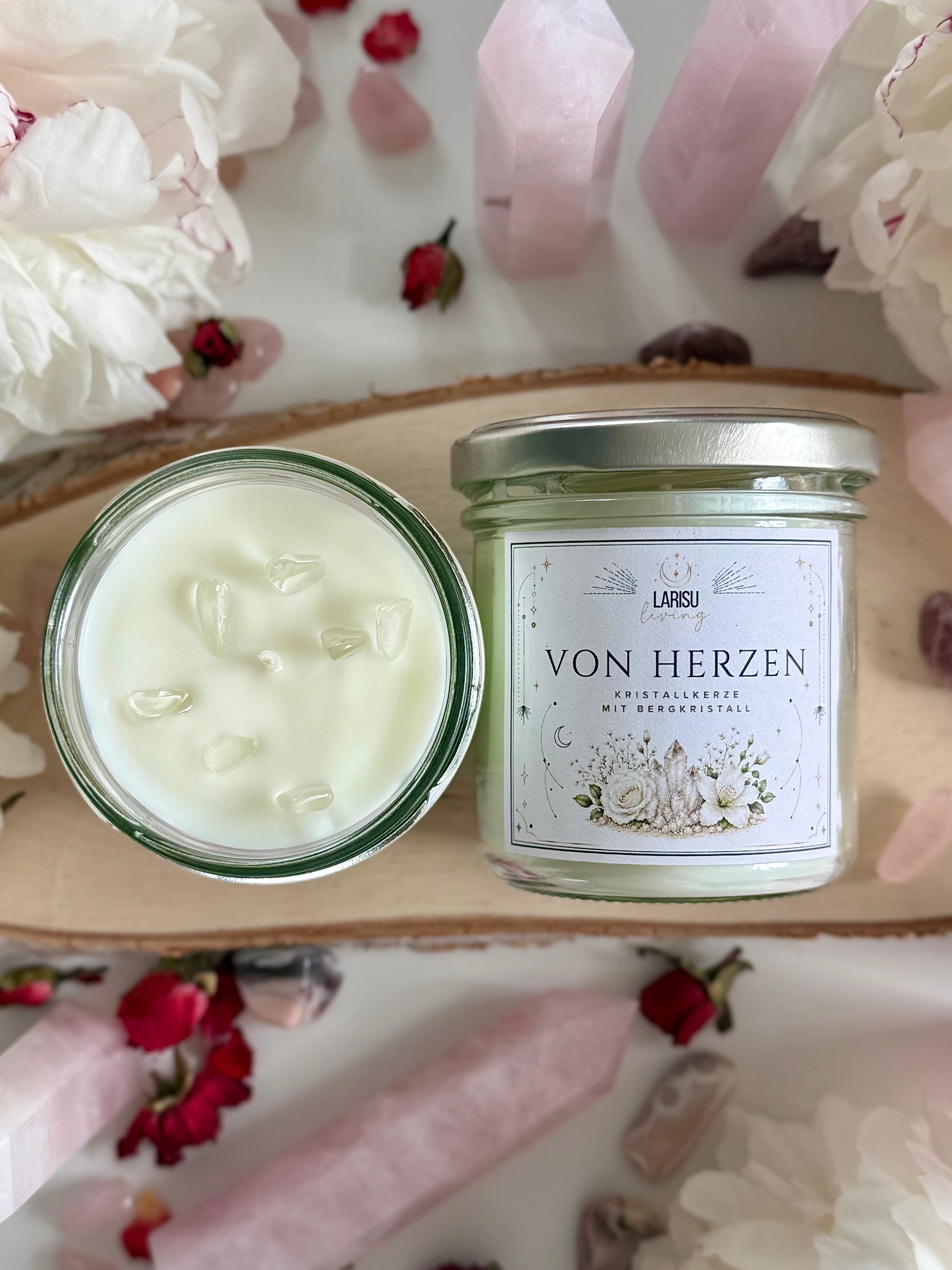 Kristallkerze „Von Herzen“ mit Bergkristall