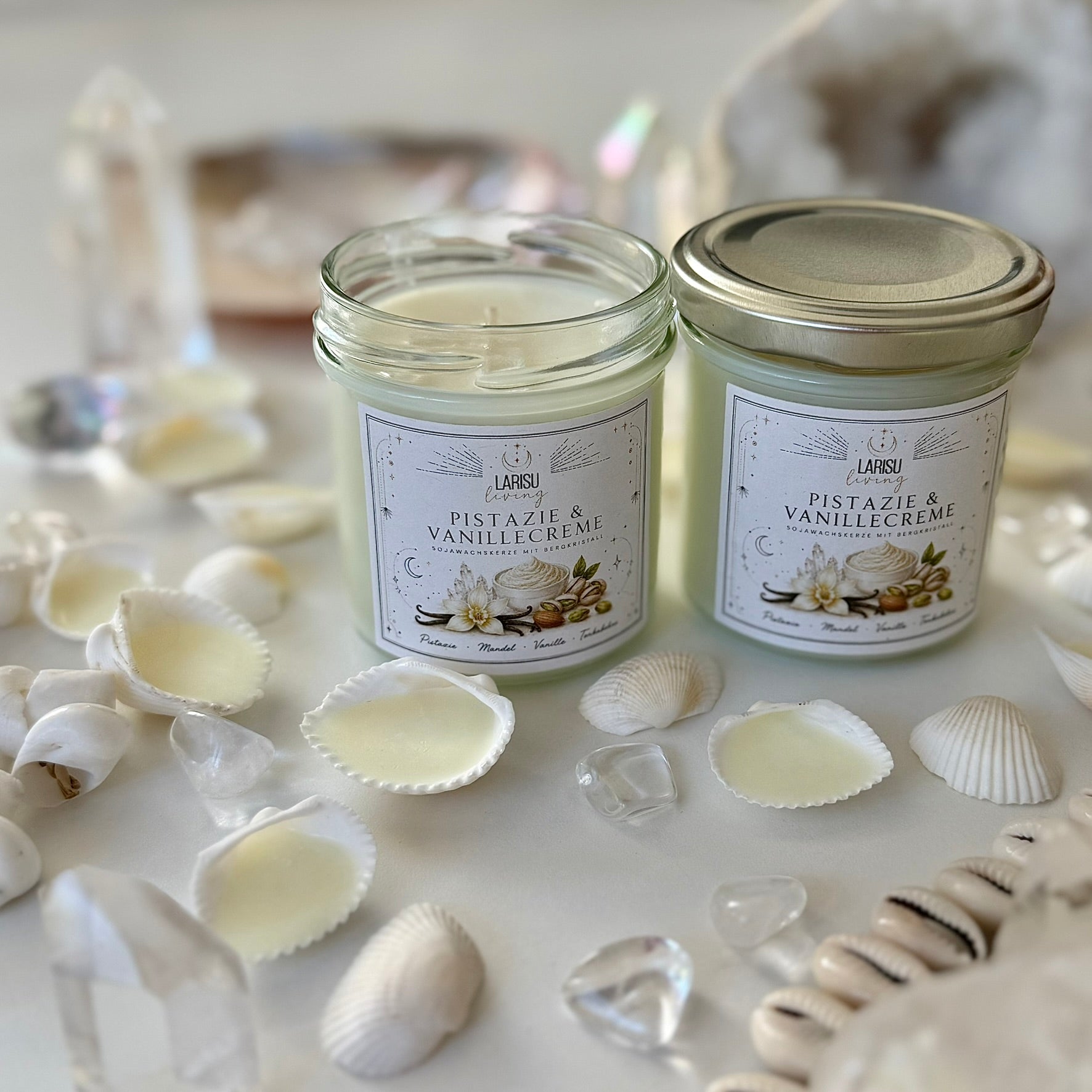 Kristallkerze "Pistazie & Vanillecreme" mit Bergkristall