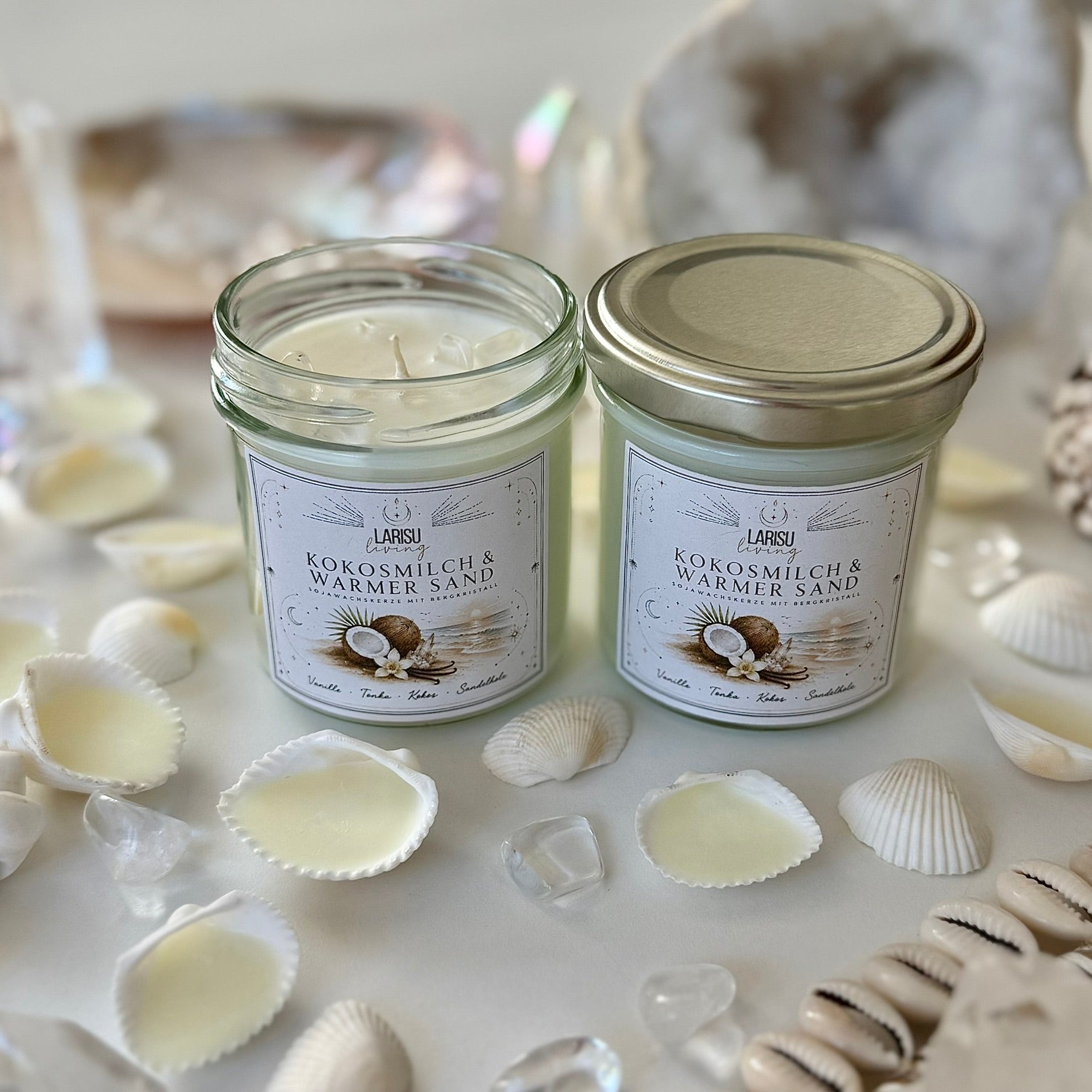Kristallkerze "Kokosmilch & warmer Sand" mit Bergkristall