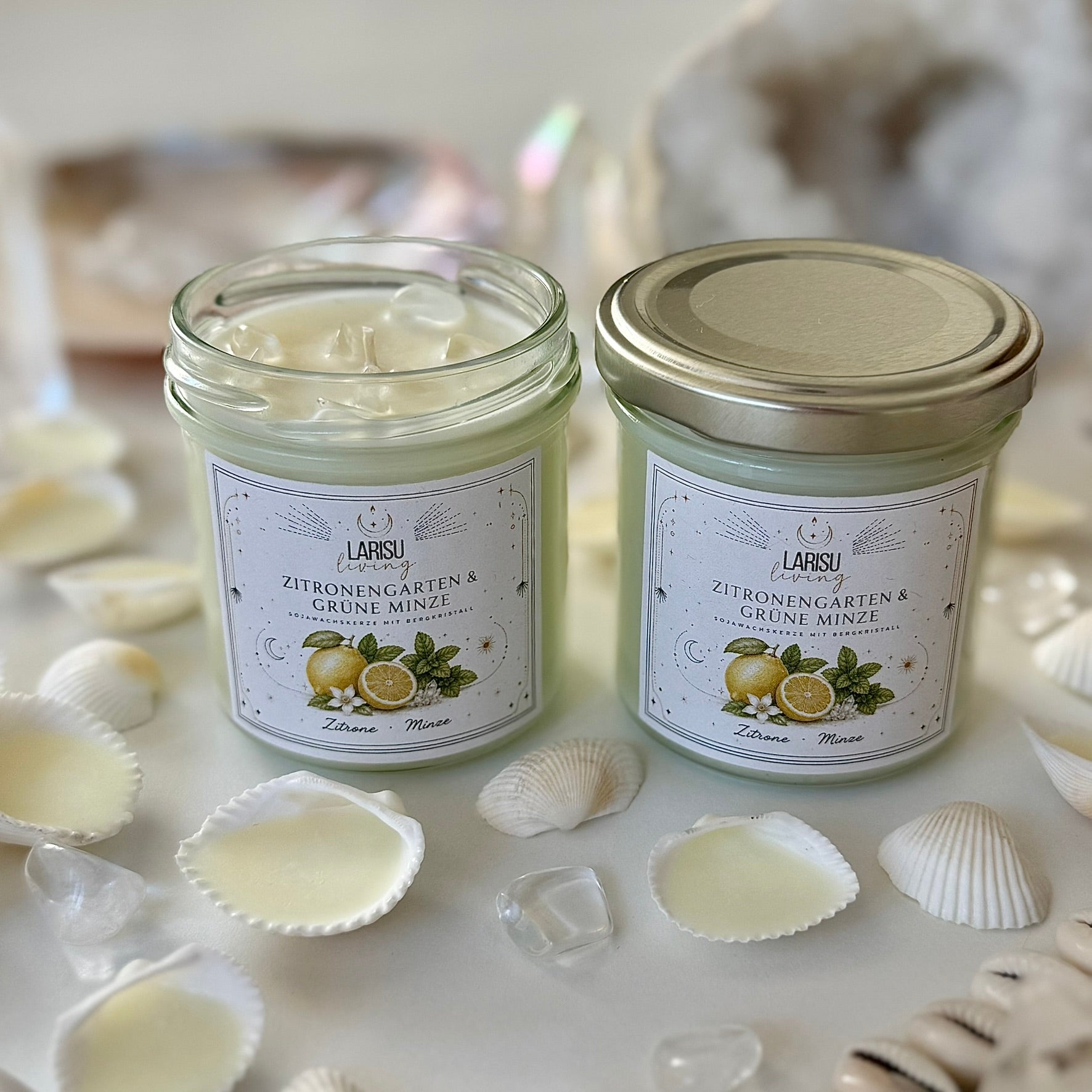 Kristallkerze "Zitronengarten & Minze" mit Bergkristall