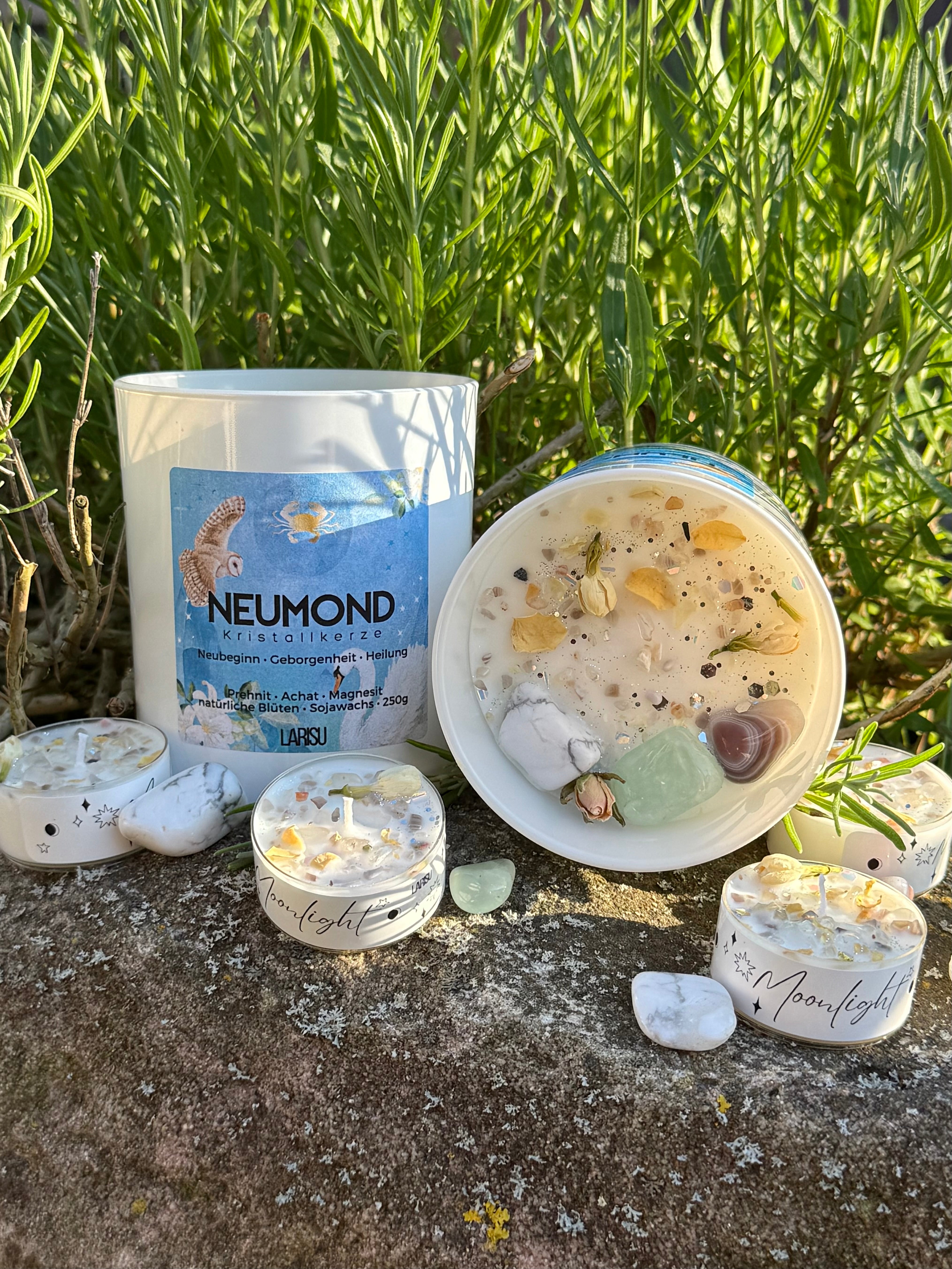 Neumondkerze mit Kristallen, Juli, limitiert