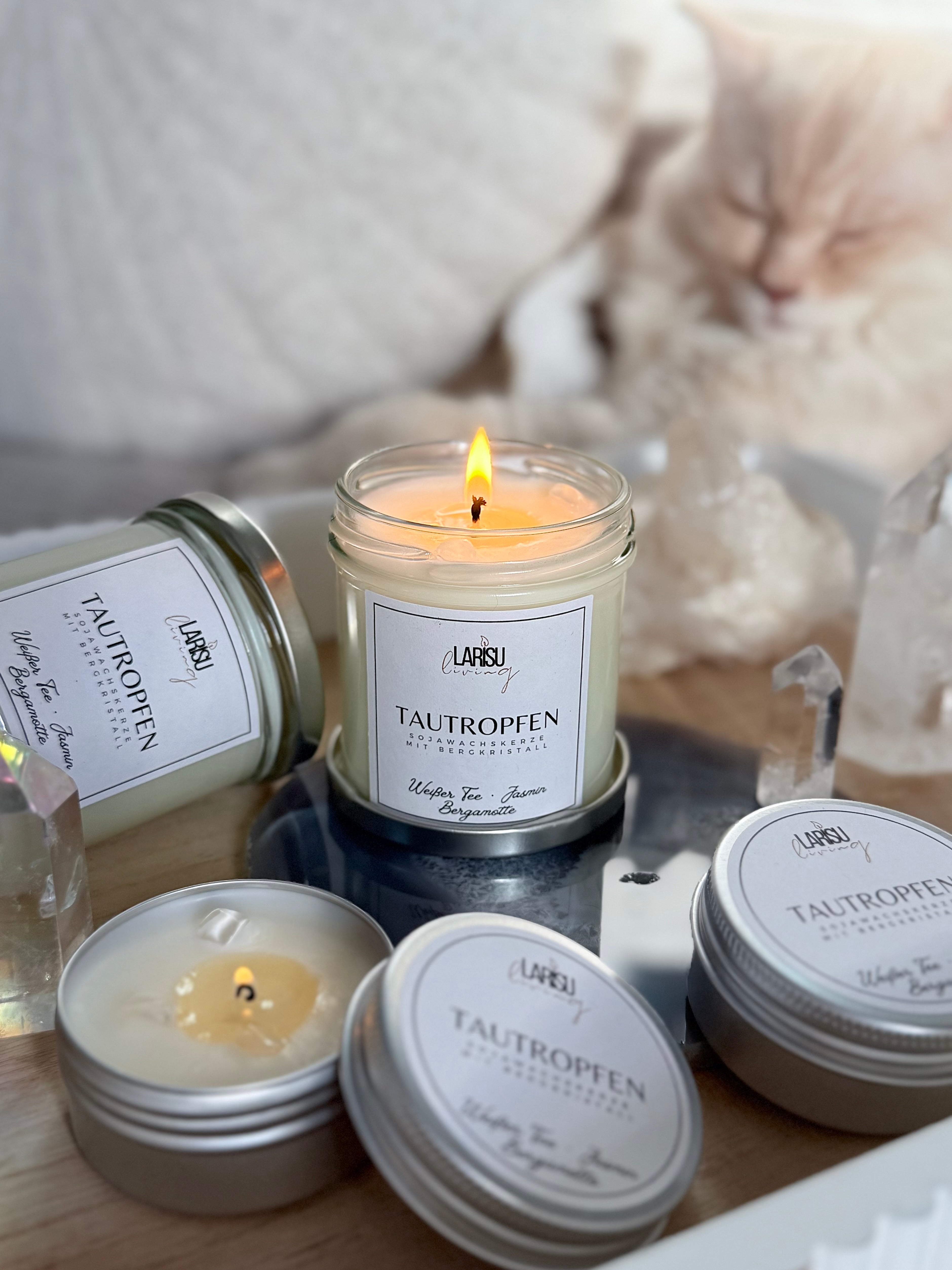 Duftkerze „Tautropfen“ mit Bergkristall