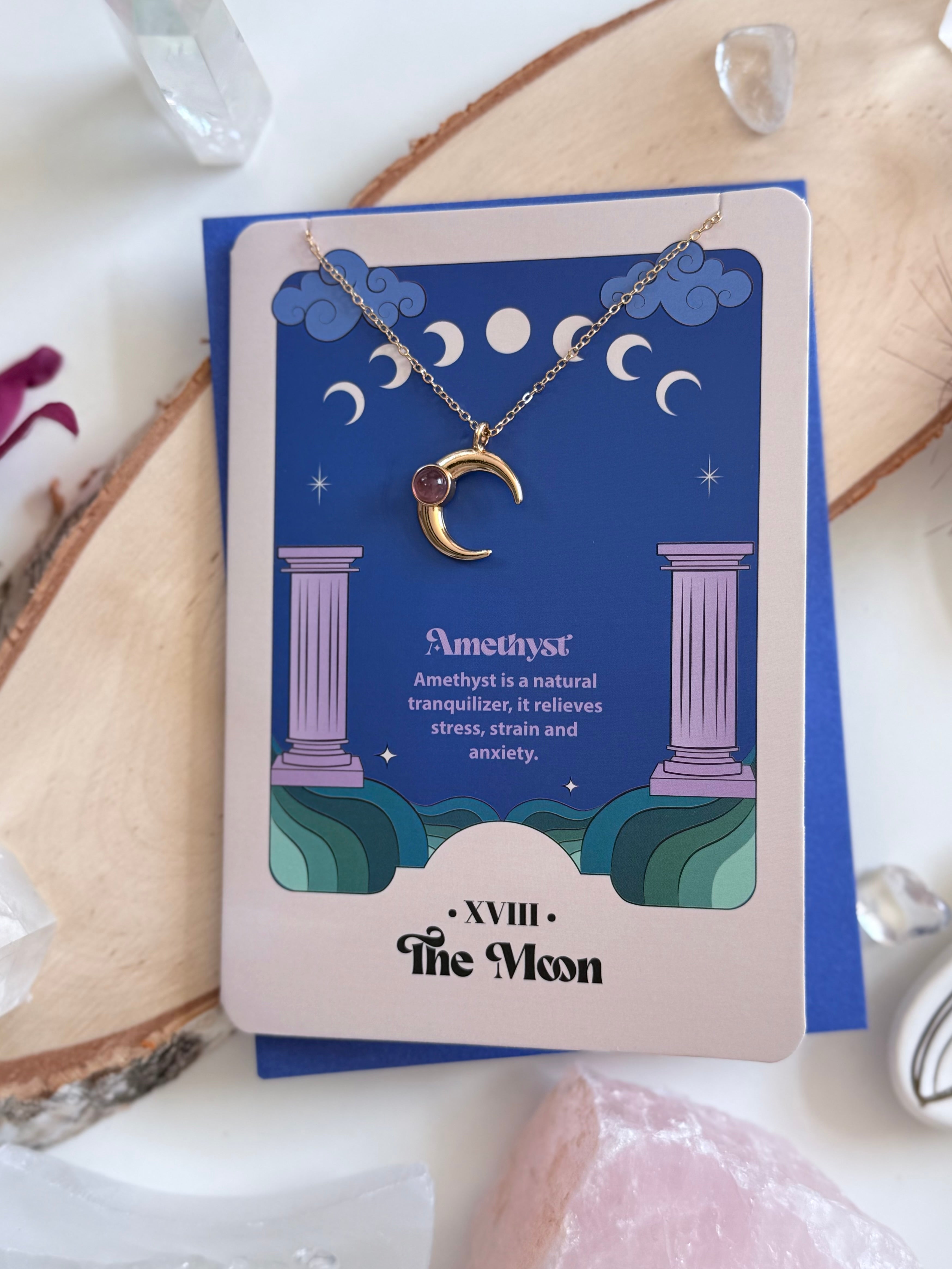 Grußkarte mit Amethyst Mond Halskette