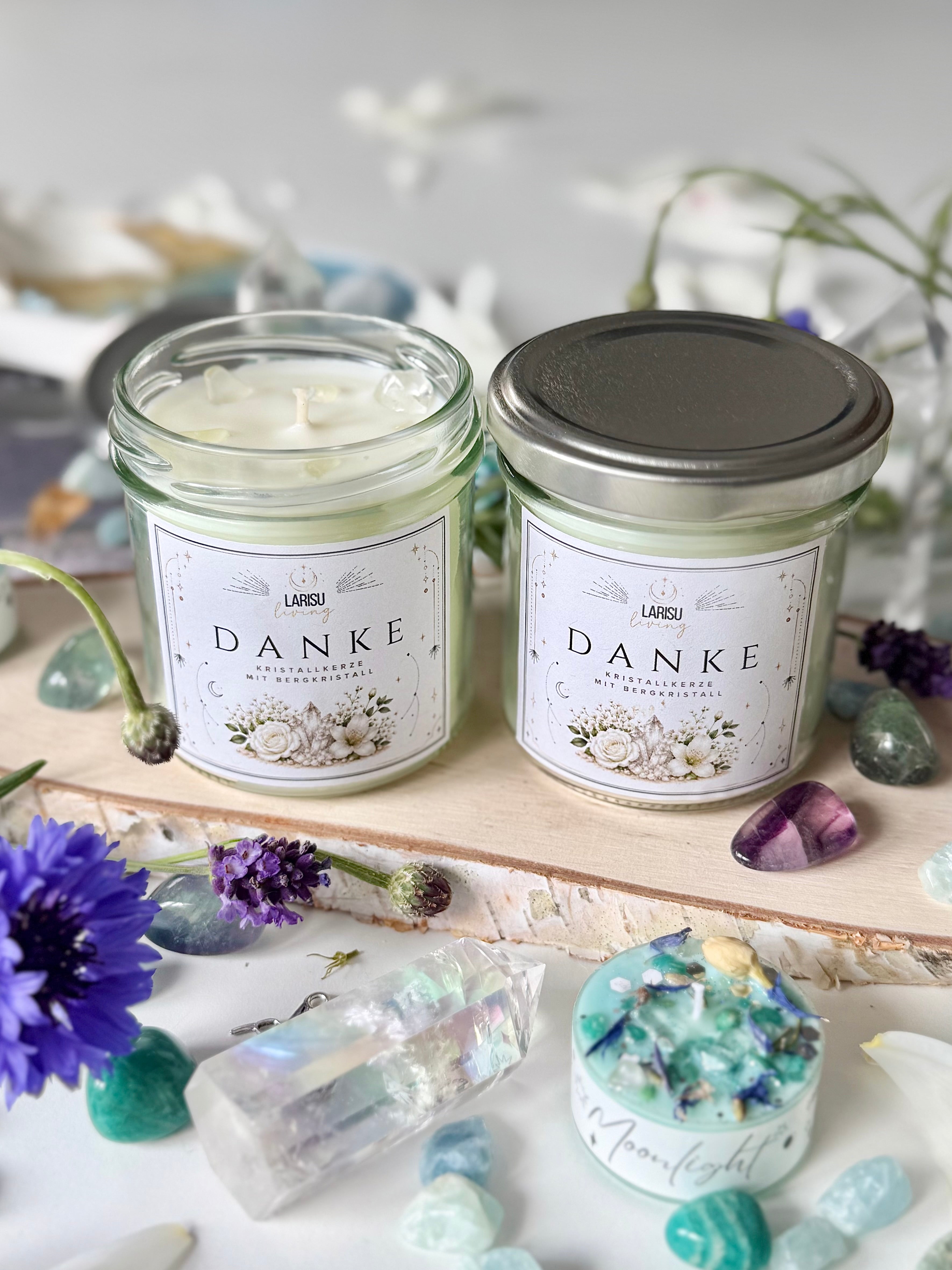 Kristallkerze „Danke“ mit Bergkristall