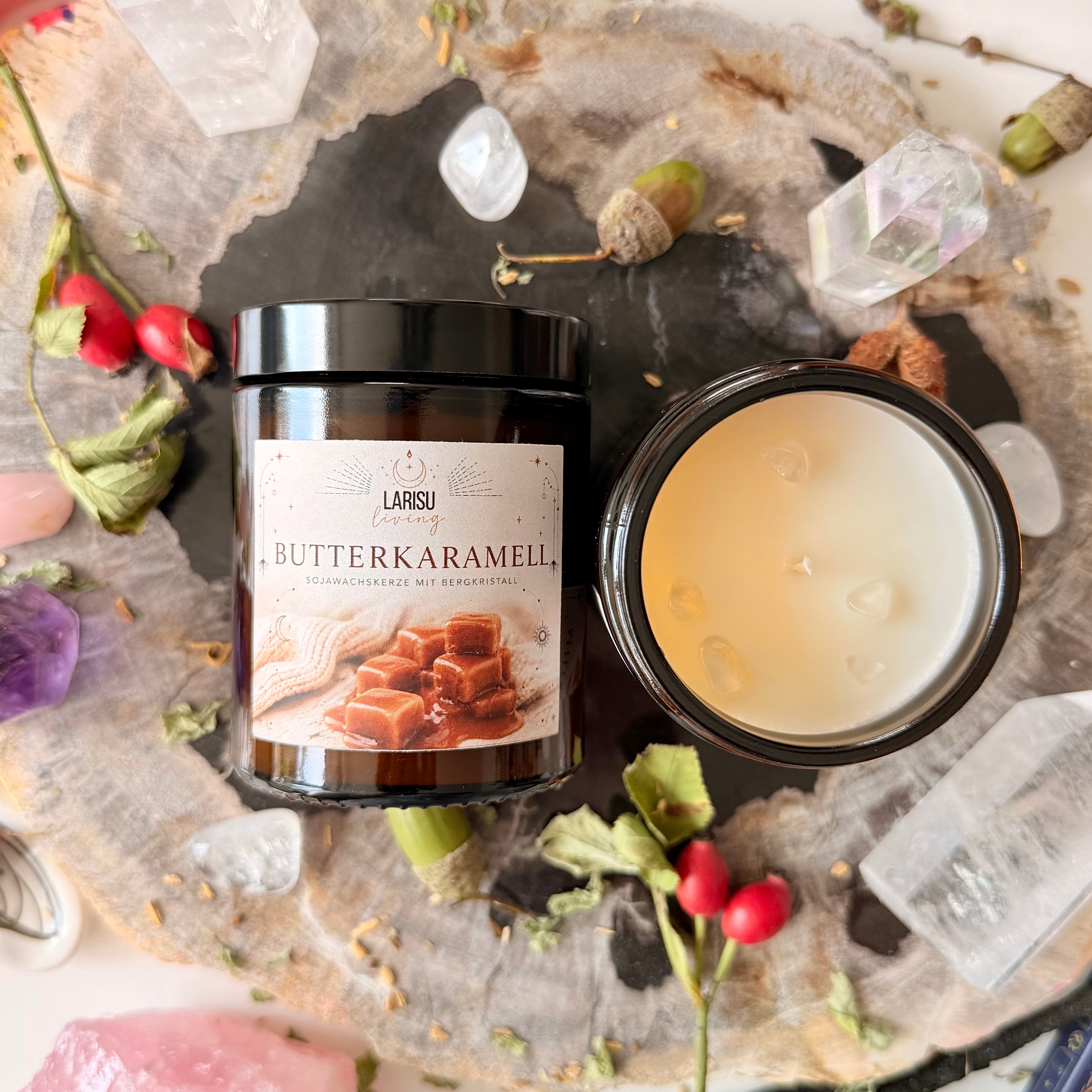 Kristallkerze "Butterkaramell" mit Bergkristall