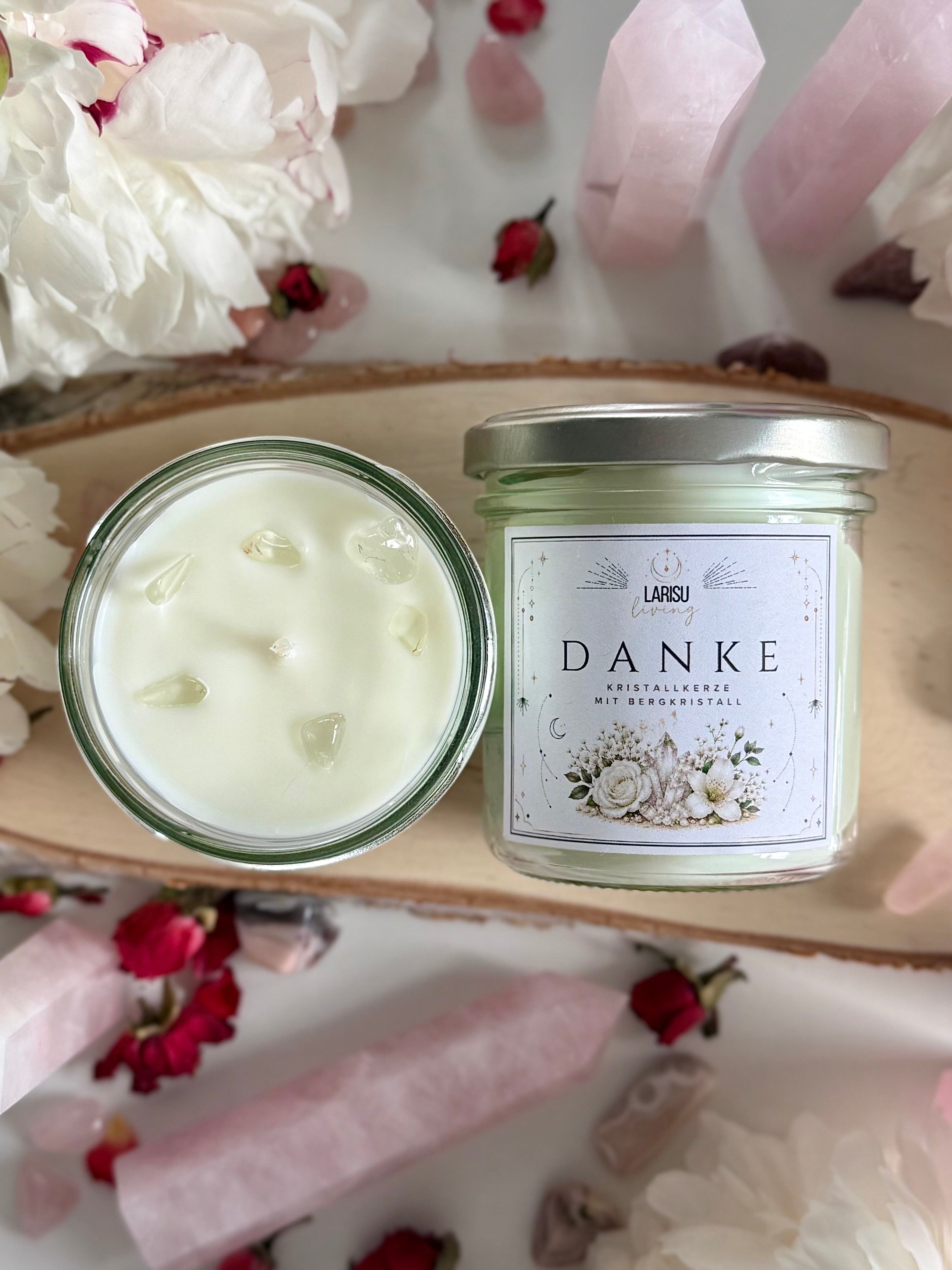 Kristallkerze „Danke“ mit Bergkristall