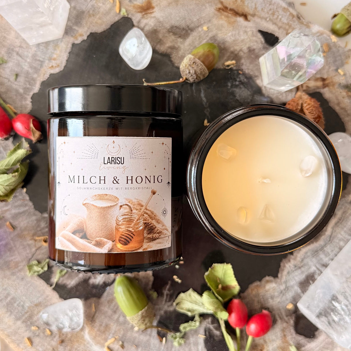 Kristallkerze "Milch & Honig" mit Bergkristall