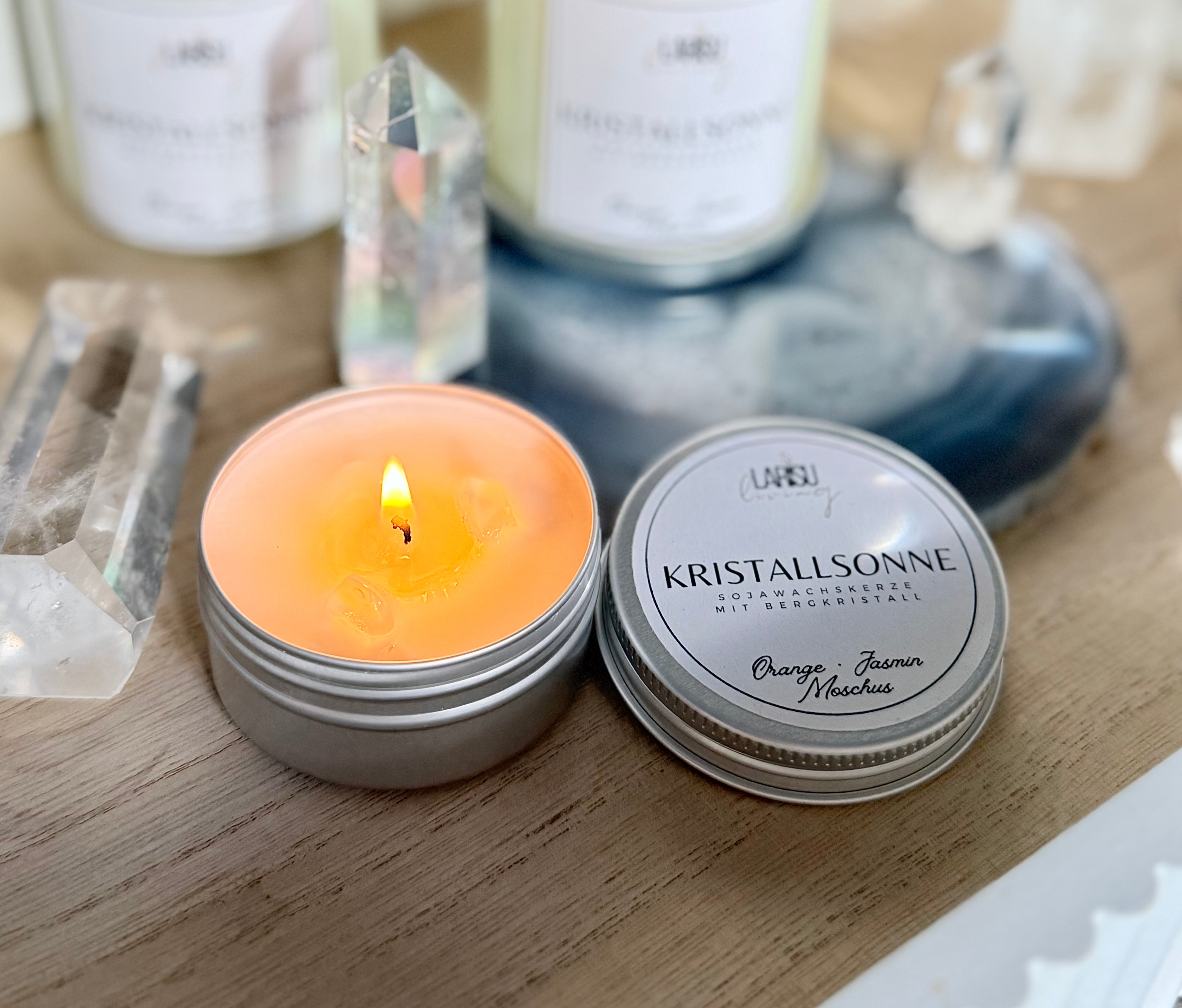 Duftkerze „Kristallsonne“ mit Bergkristall, Travel Size