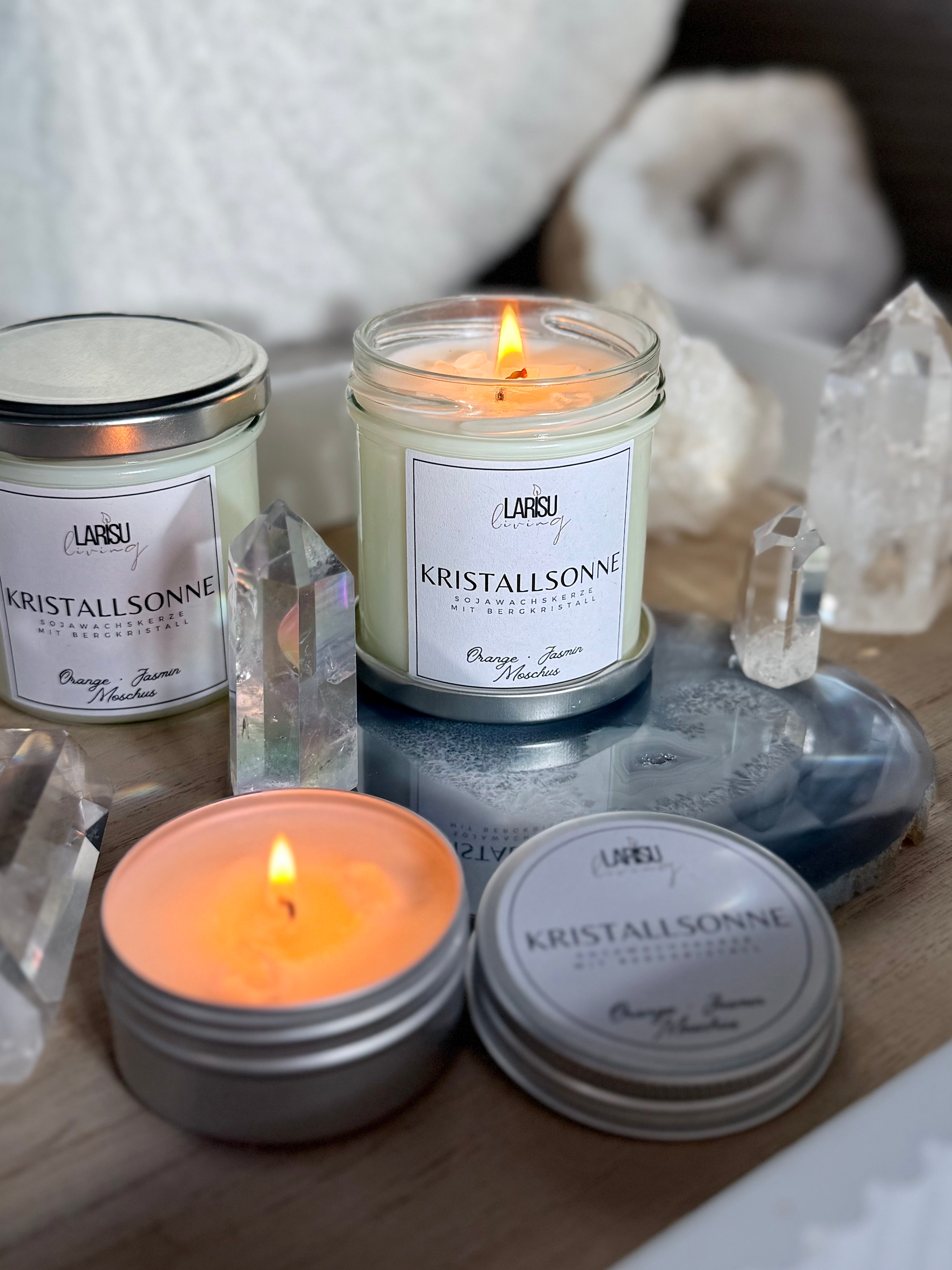Duftkerze „Kristallsonne“ mit Bergkristall