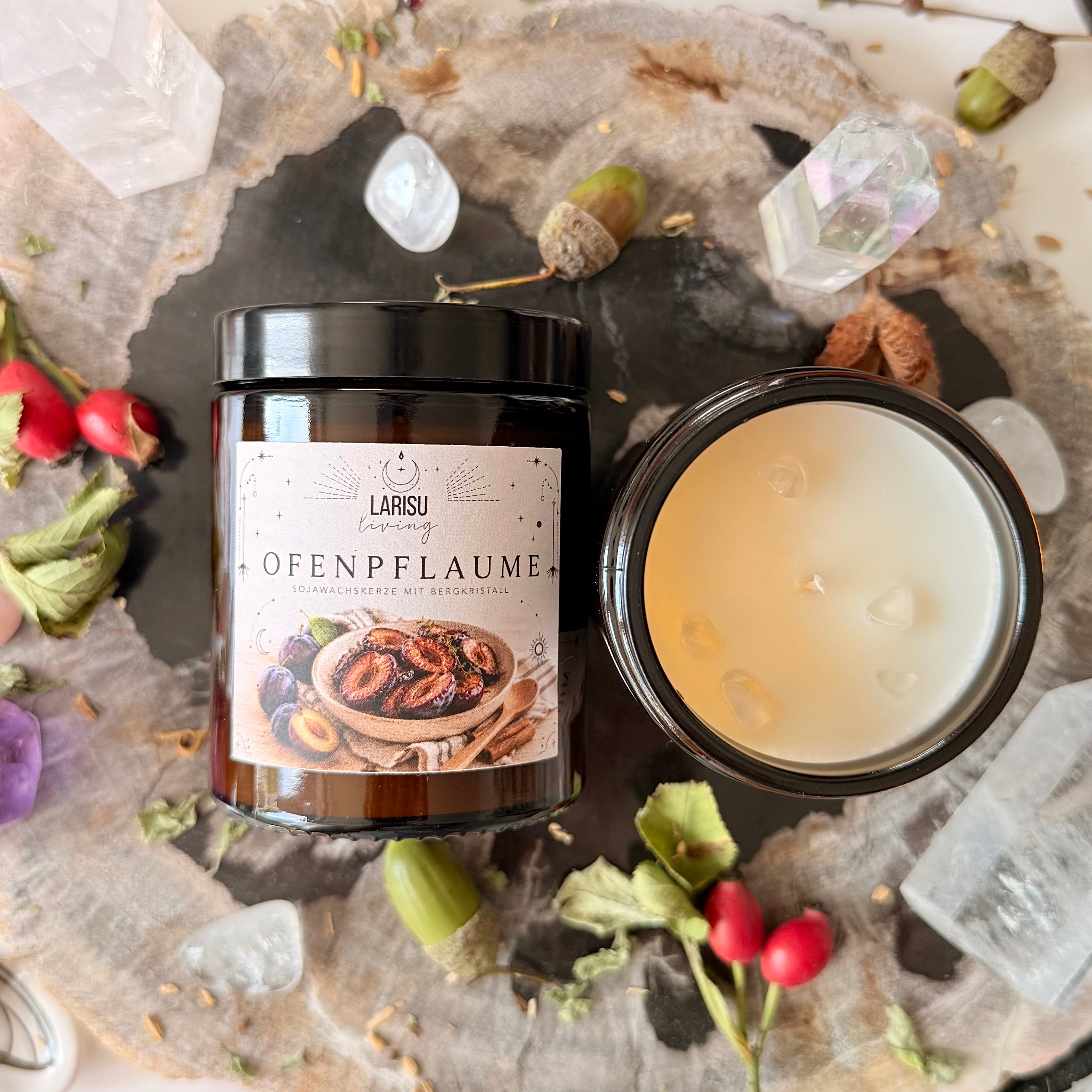 Kristallkerze "Ofenpflaume" mit Bergkristall
