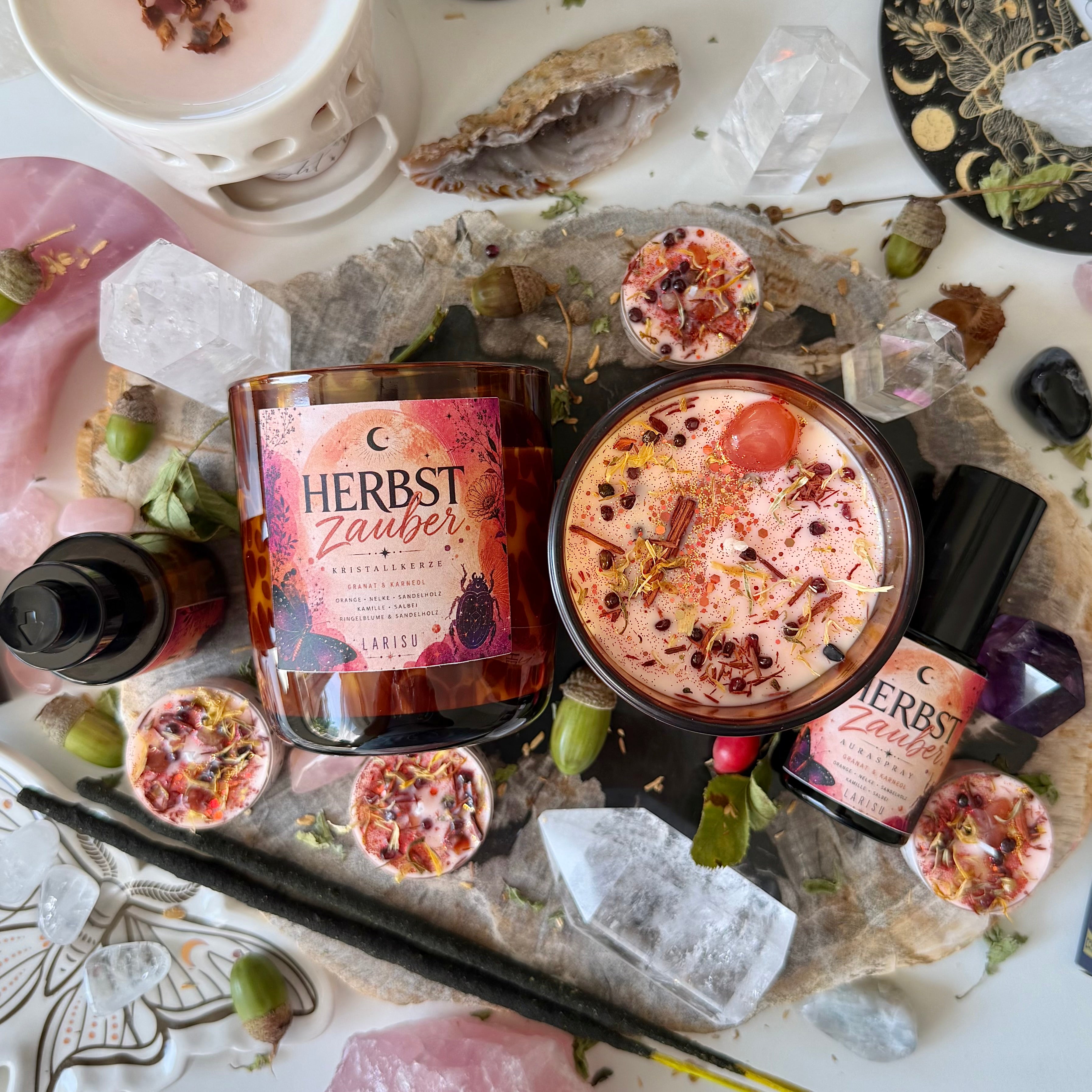 Herbstzauber Kristallkerze mit Granat & Karneol