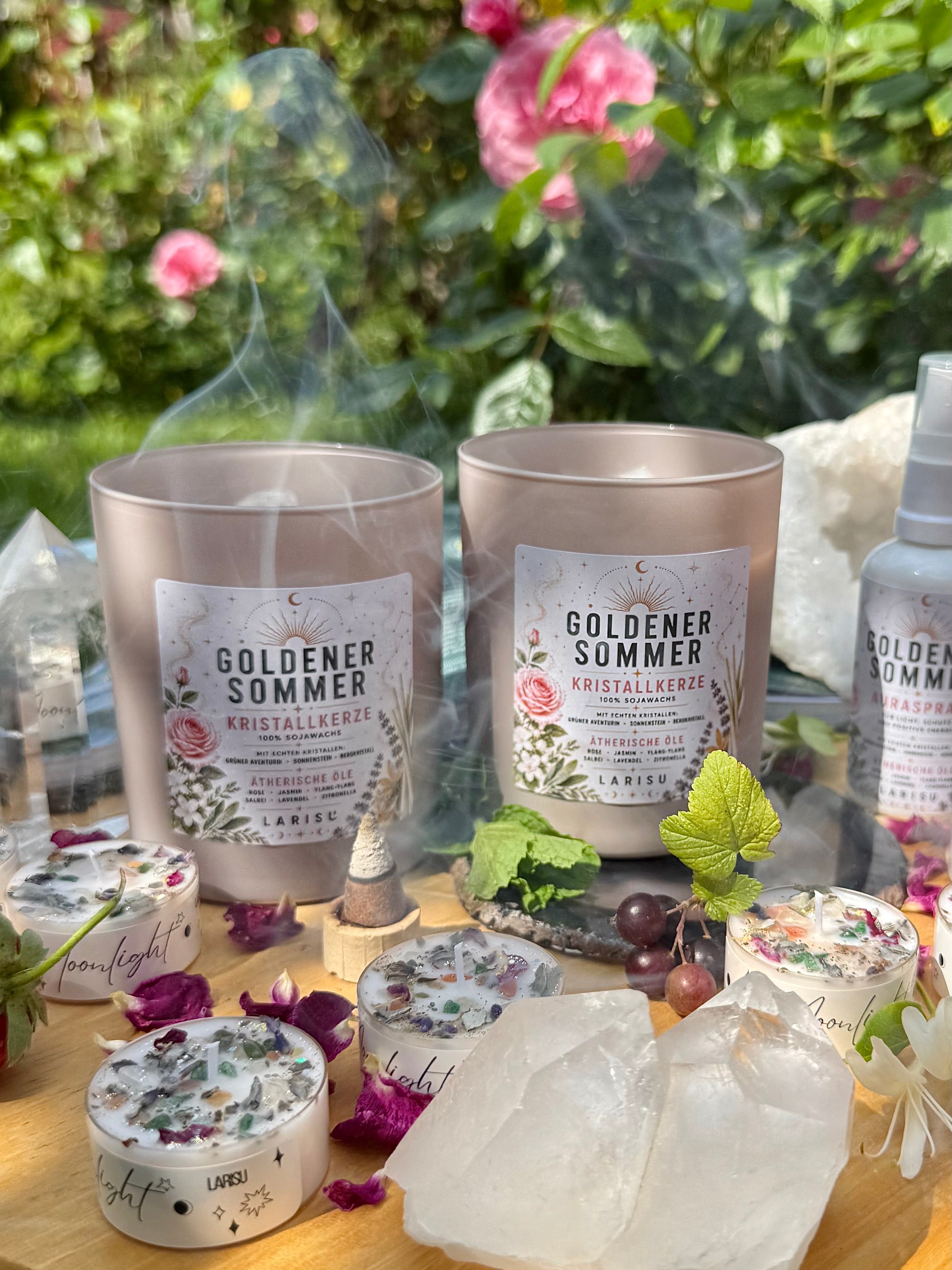 Kristallkerze „Goldener Sommer“ mit Aventurin, Sonnenstein und Bergkristall, limitiert