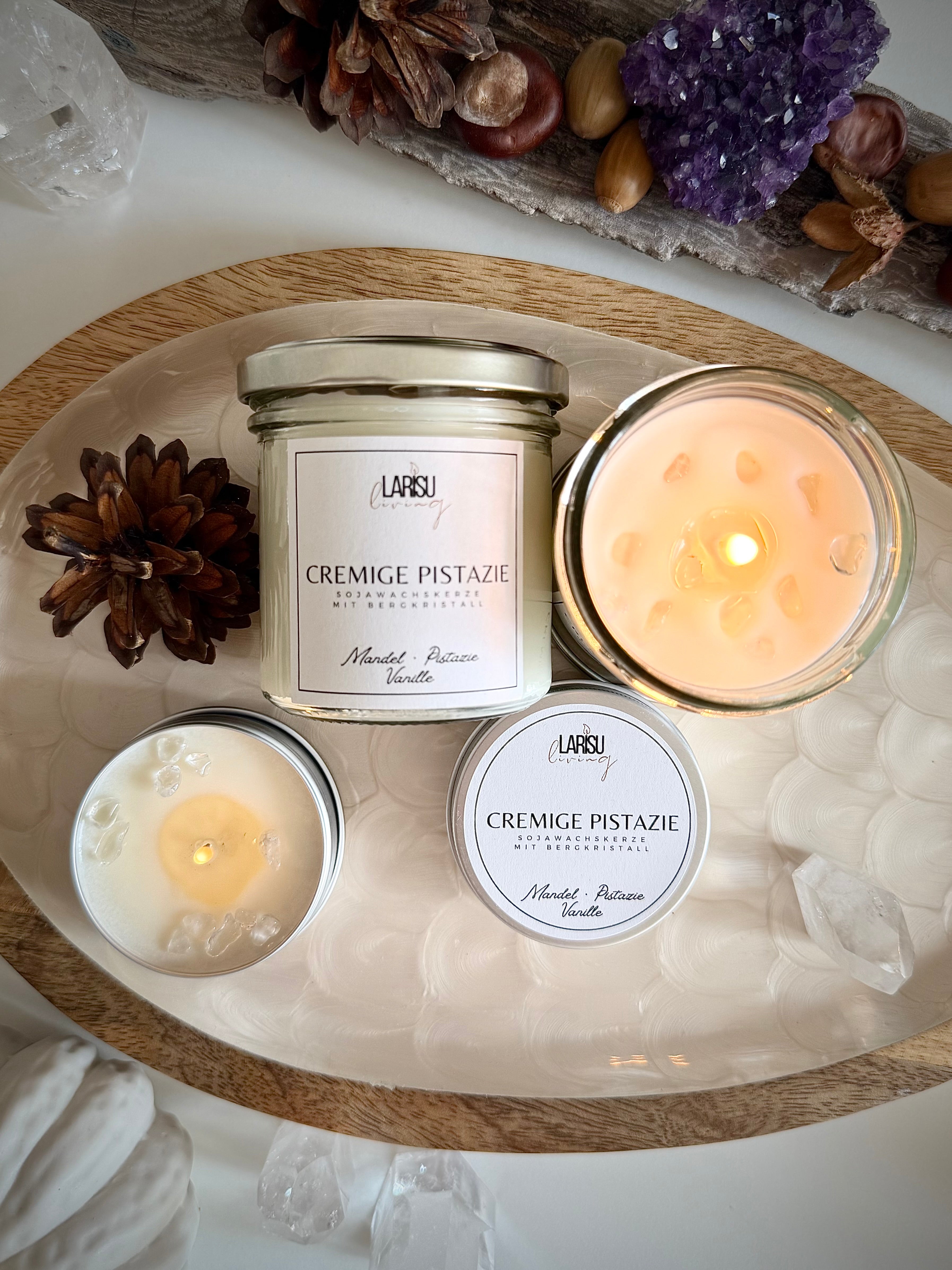Duftkerze „Cremige Pistazie“ mit Bergkristall