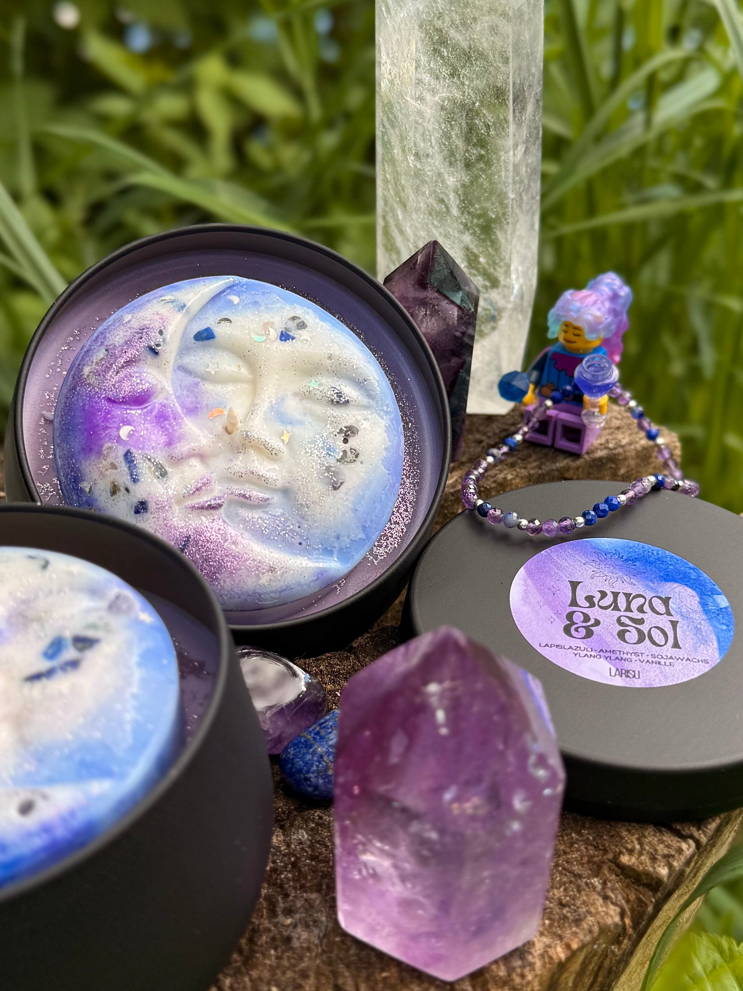 Kristallkerze Luna & Sol mit Lapislazuli und Amethyst, limitiert