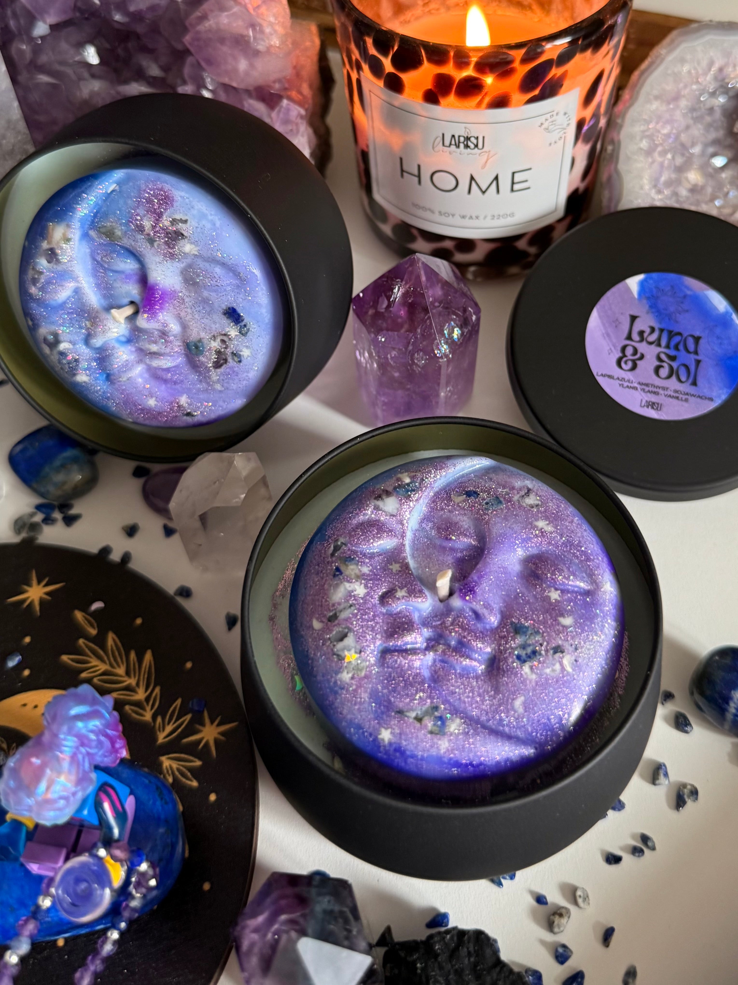 Kristallkerze Luna & Sol mit Lapislazuli und Amethyst, limitiert