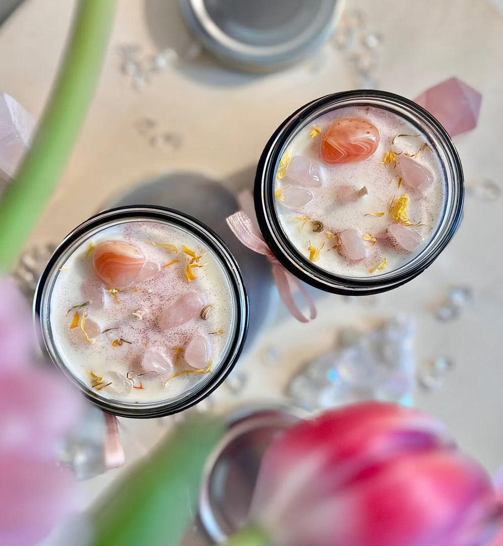 Kristallkerze Frühlingserwachen mit Aprikosenachat und Rosenquarz, limitiert