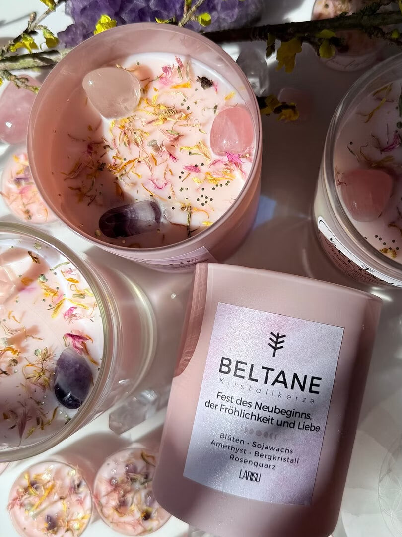 Beltane Kristallkerze, rosa Glas, limitiert