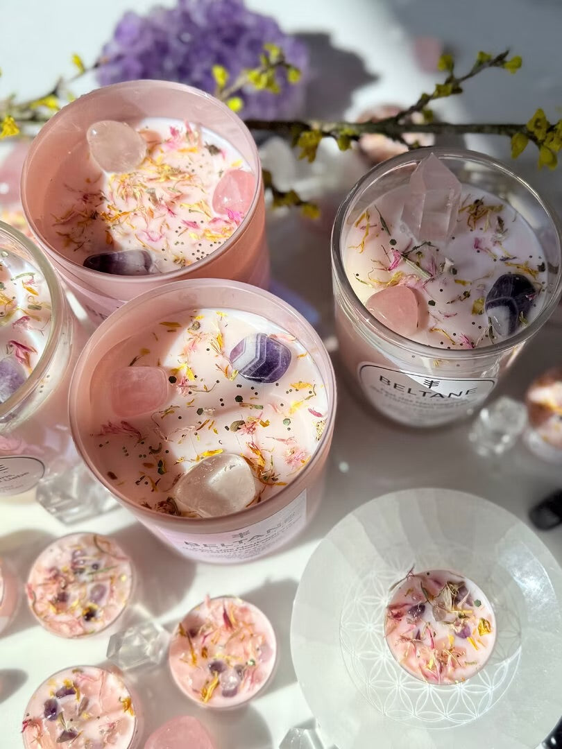 Beltane Kristallkerze, rosa Glas, limitiert