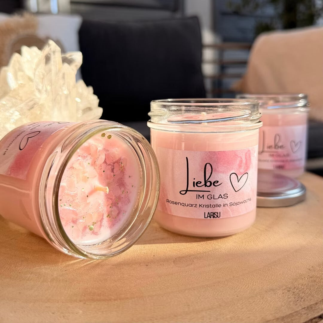 Kristallkerze "Liebe im Glas" mit Rosenquarz