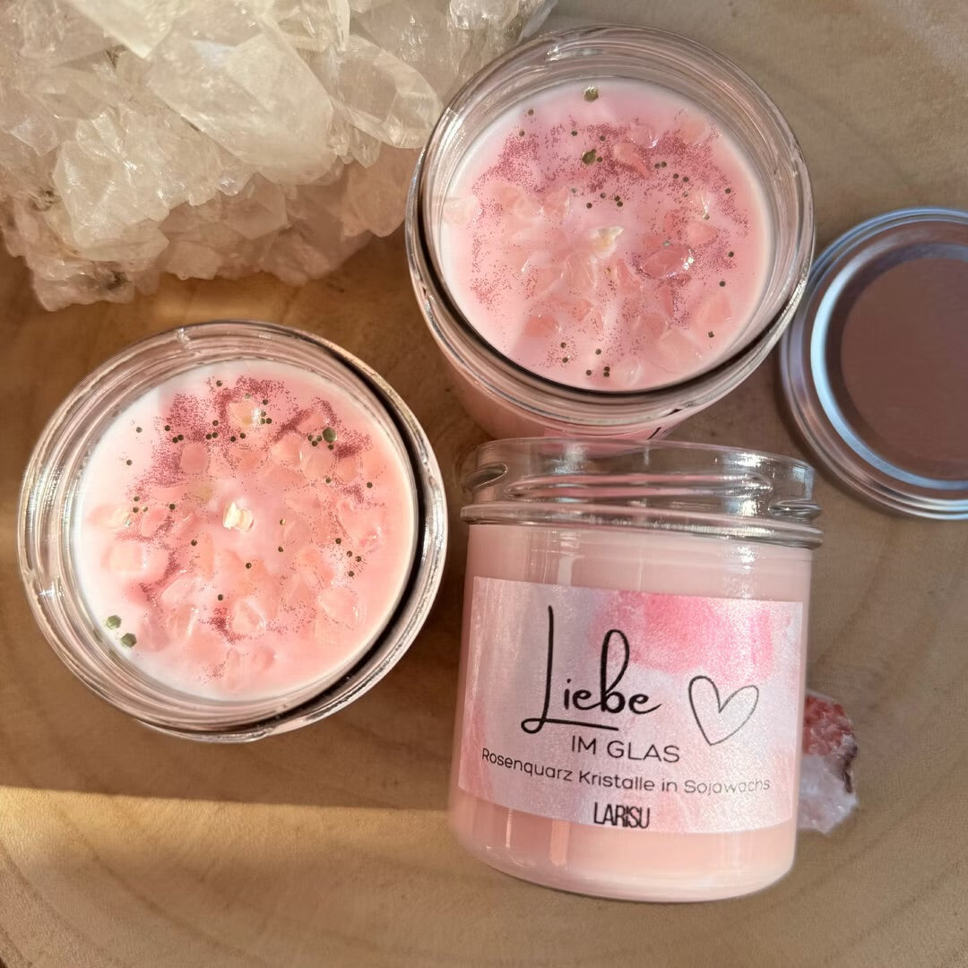Kristallkerze "Liebe im Glas" mit Rosenquarz