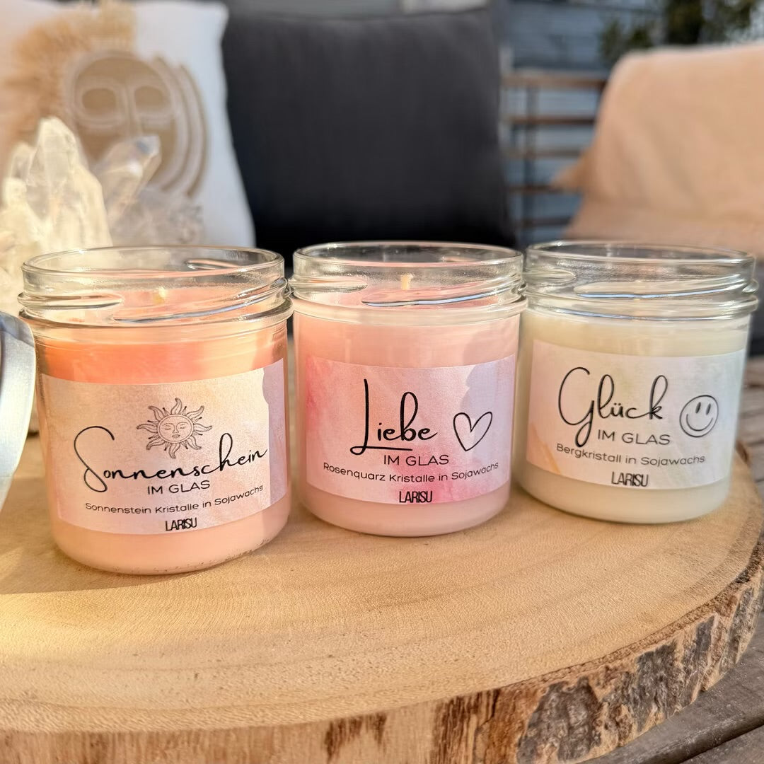 3er Set Kristallkerzen "Sonnenschein, Liebe & Glück im Glas", limitiert