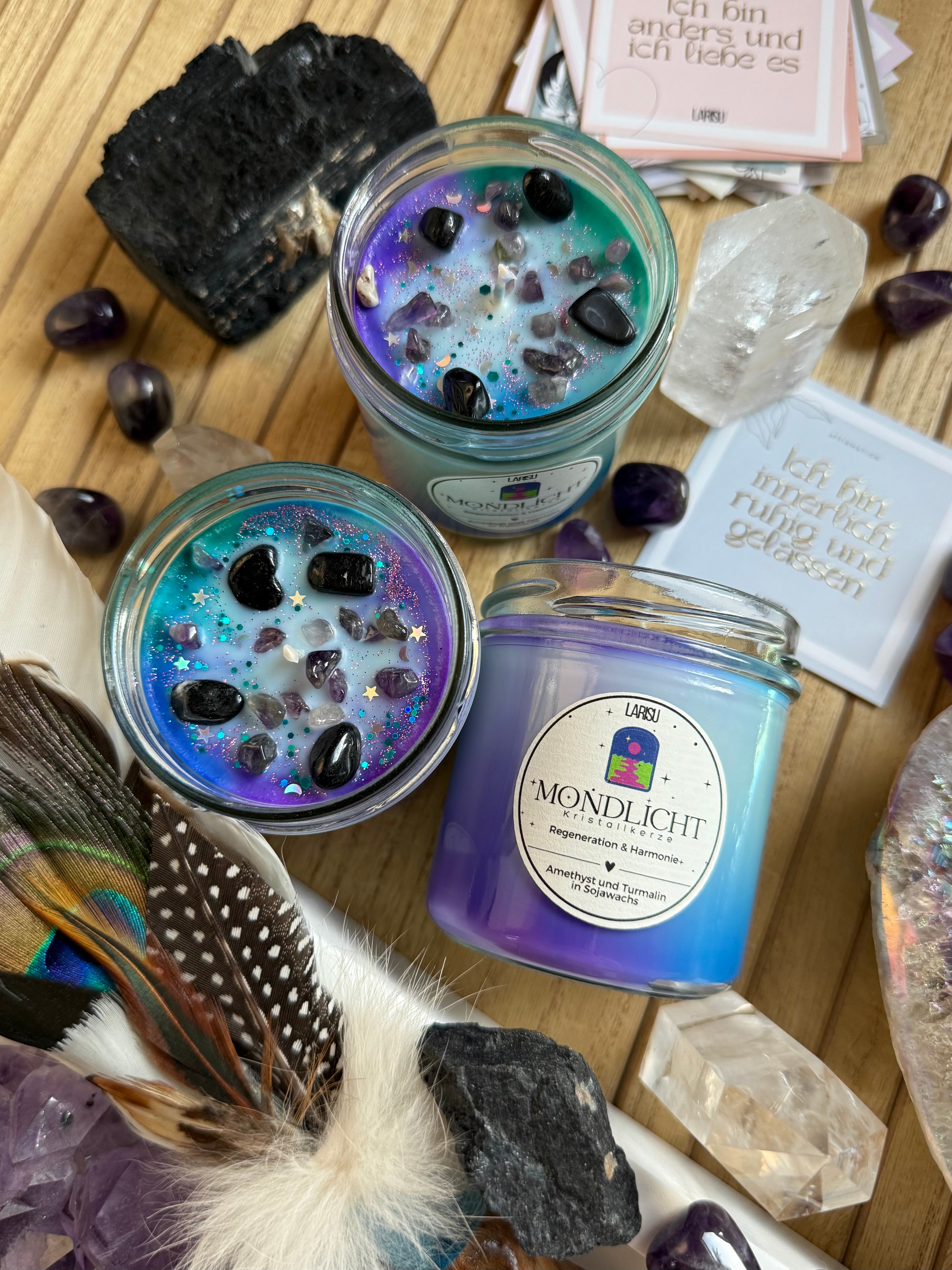 Kristallkerze „Mondlicht“ mit Turmalin und Amethyst, limitiert
