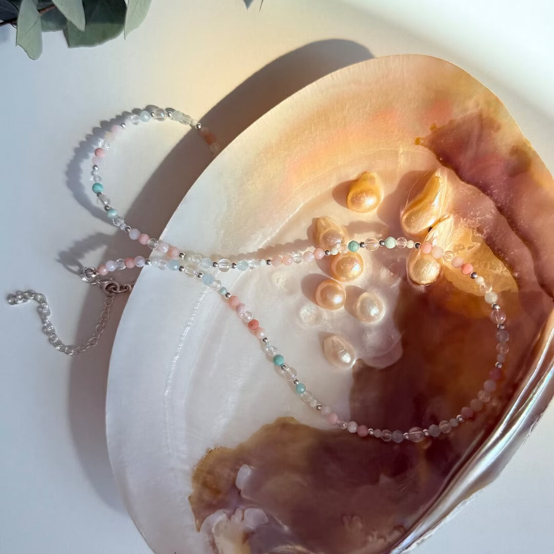 Lemuria Halskette mit Angel Aura, Amazonit, Aquamarin, Bergkristall, Larimar und rosa Andenopal