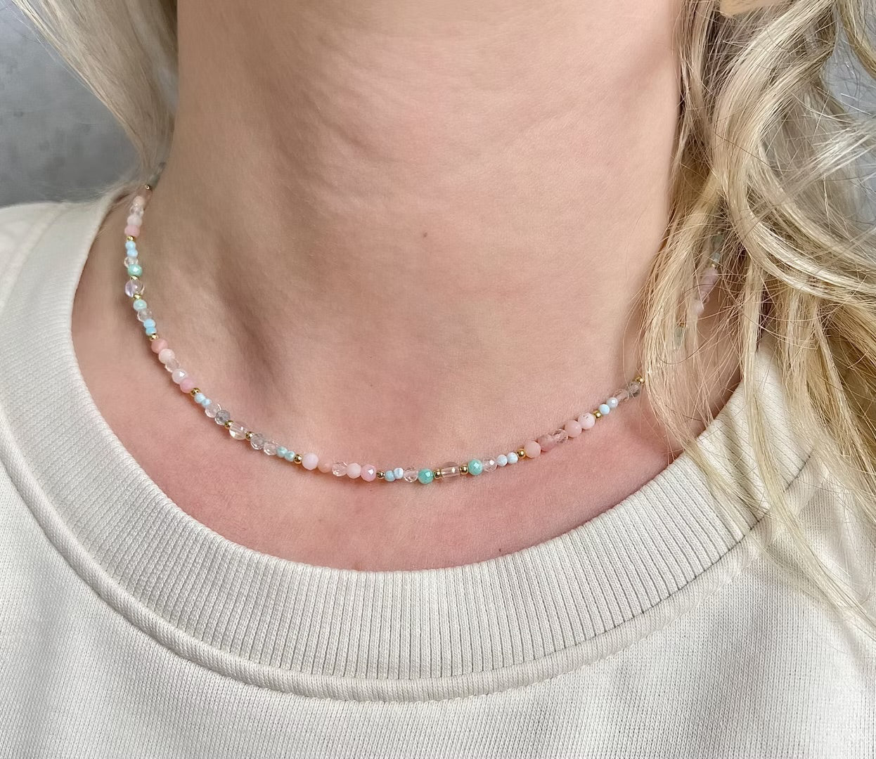 Lemuria Halskette mit Angel Aura, Amazonit, Aquamarin, Bergkristall, Larimar und rosa Andenopal