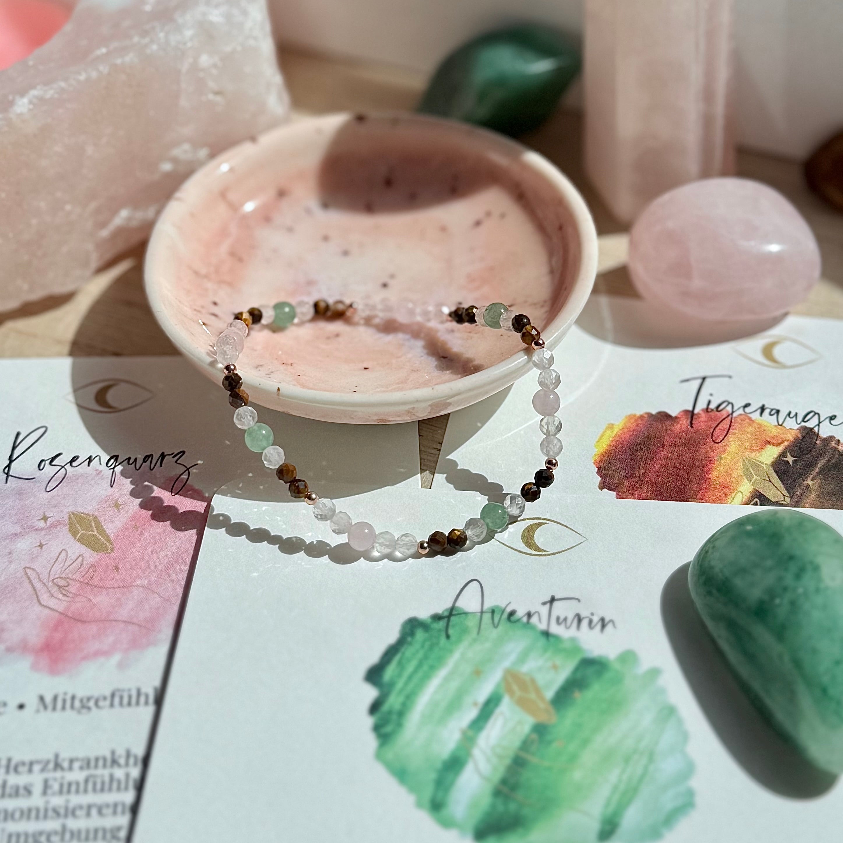 Armband Sternzeichen Stier mit Rosenquarz, Aventurin und Tigerauge