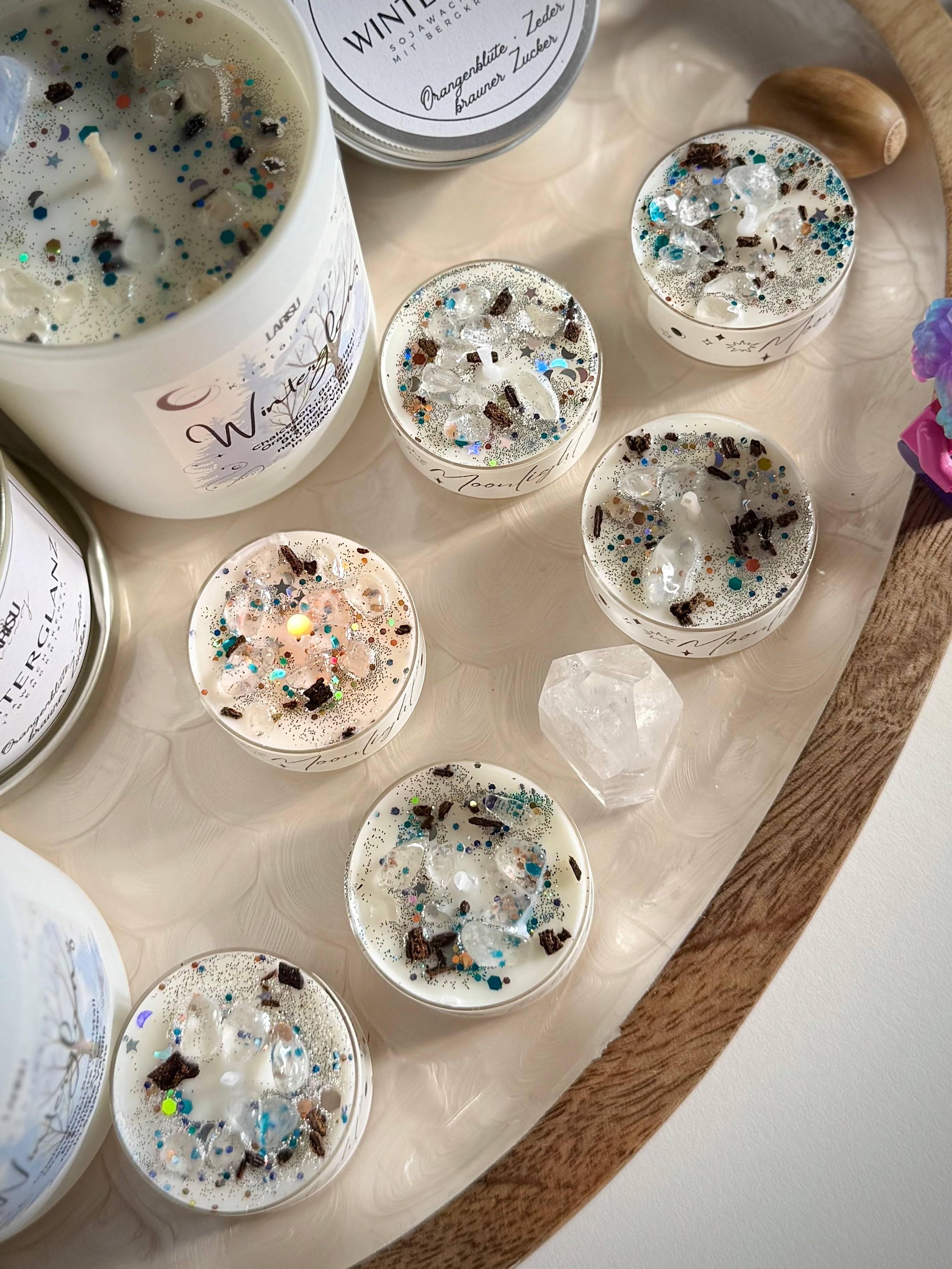 Moonlights Teelicht „Winterglanz“ mit Bergkristall, limitiert