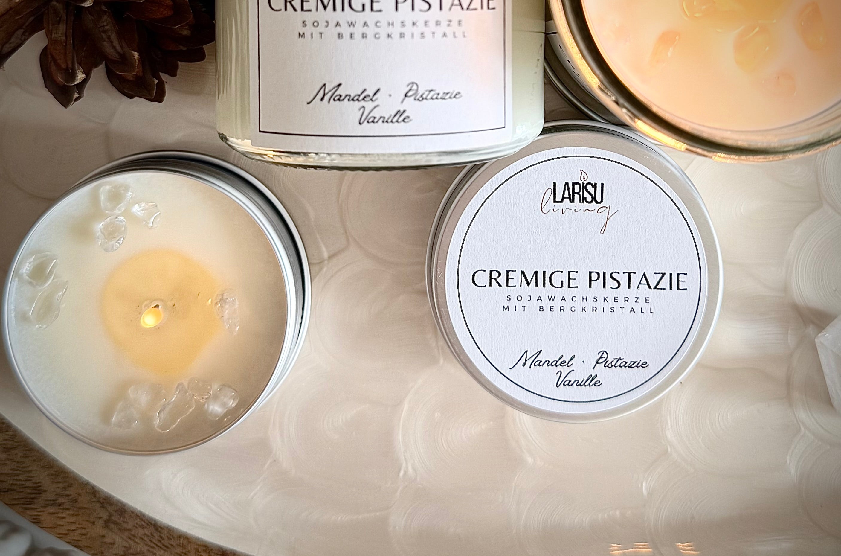 Duftkerze „Cremige Pistazie“ mit Bergkristall, Travel Size