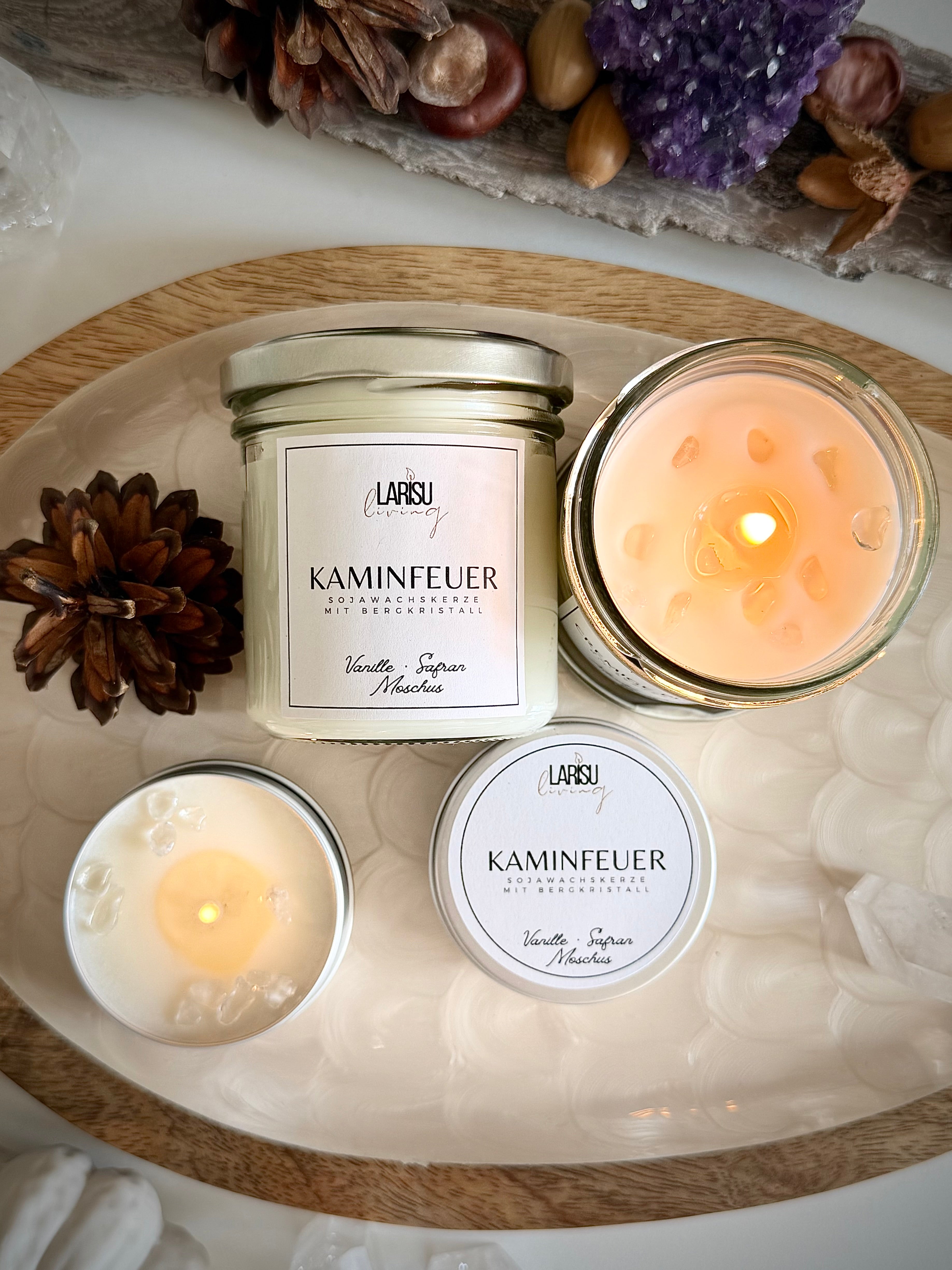 Duftkerze „Kaminfeuer“ mit Bergkristall