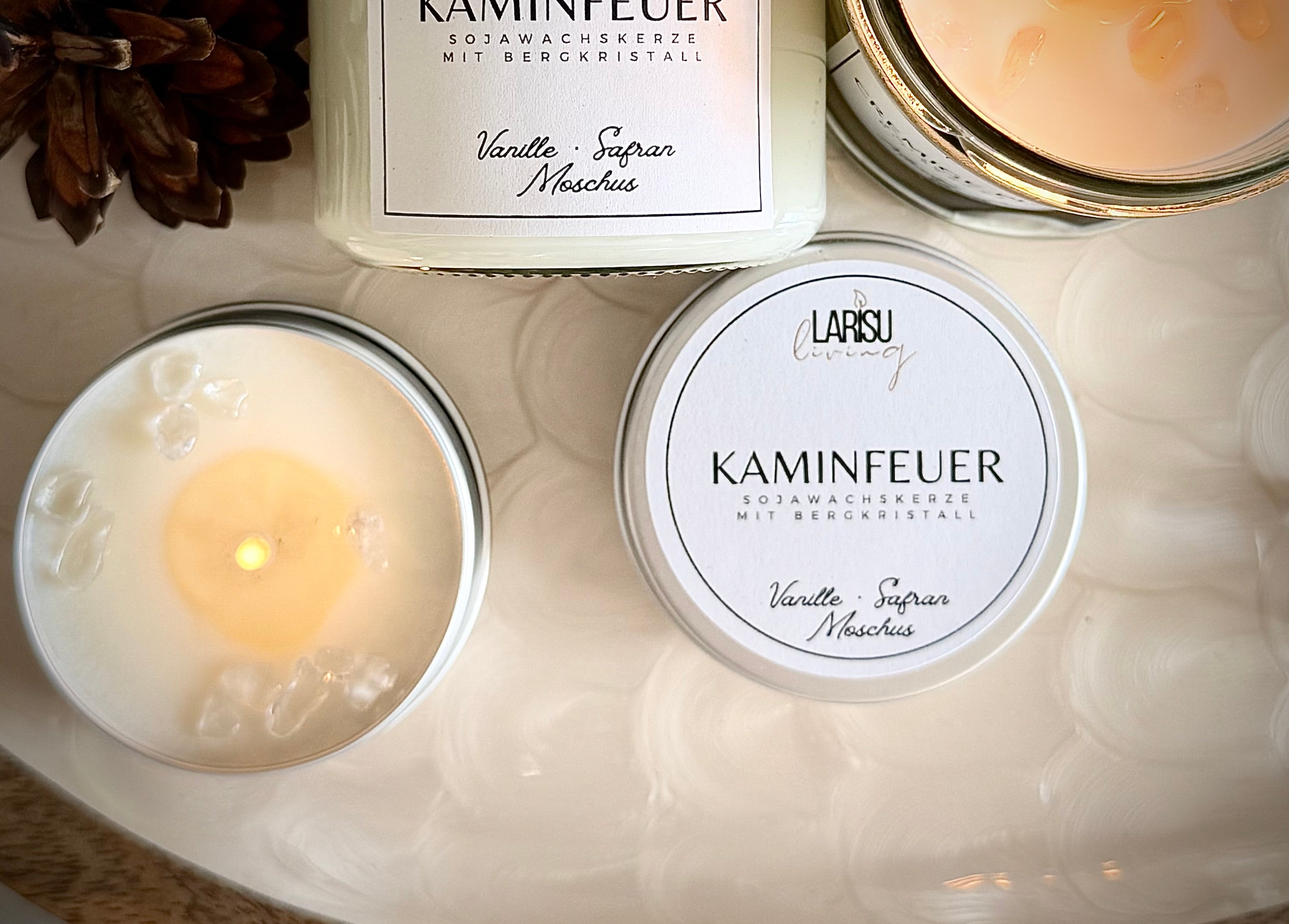 Duftkerze „Kaminfeuer“ mit Bergkristall, Travel Size