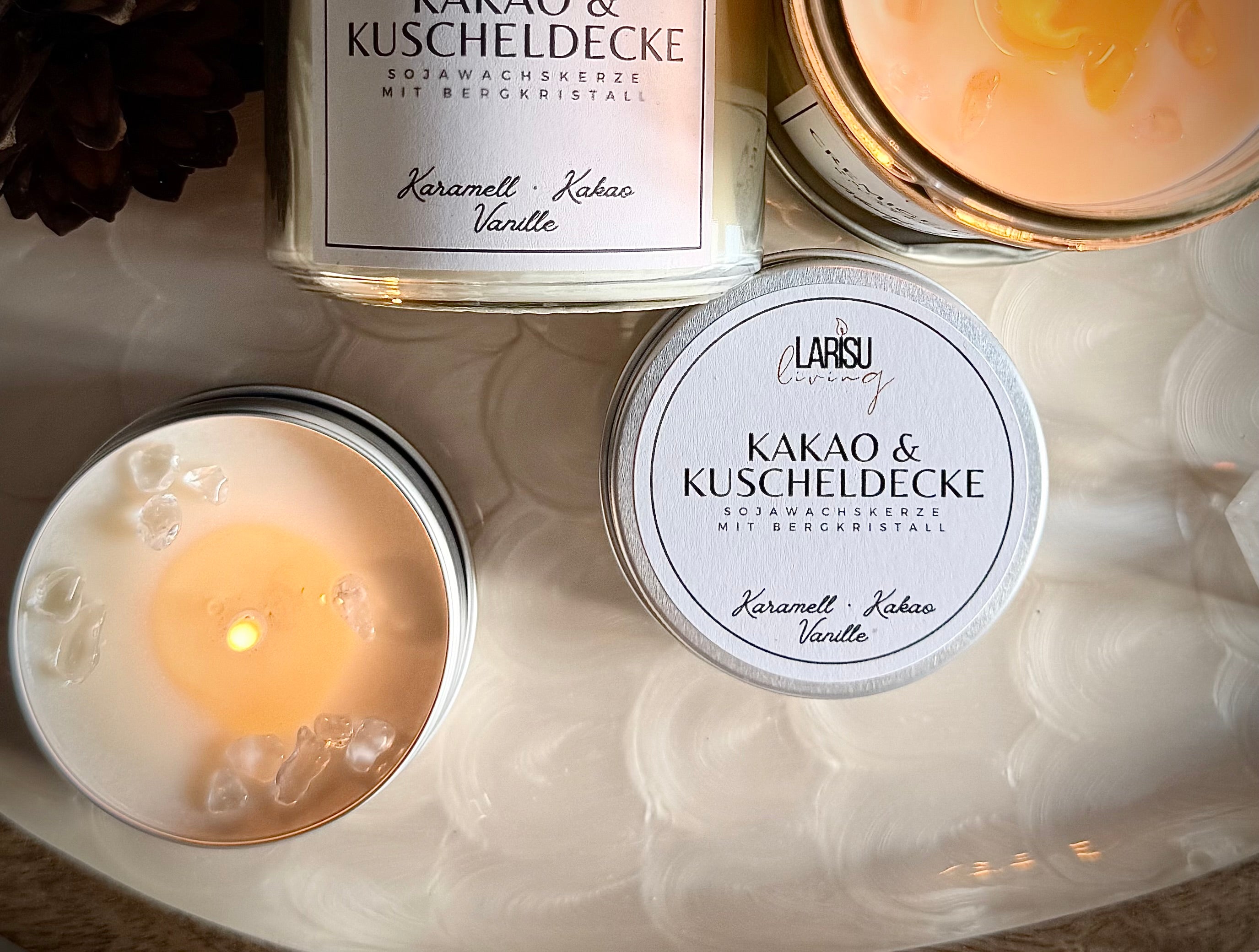 Duftkerze „Kakao & Kuscheldecke“ mit Bergkristall, Travel Size