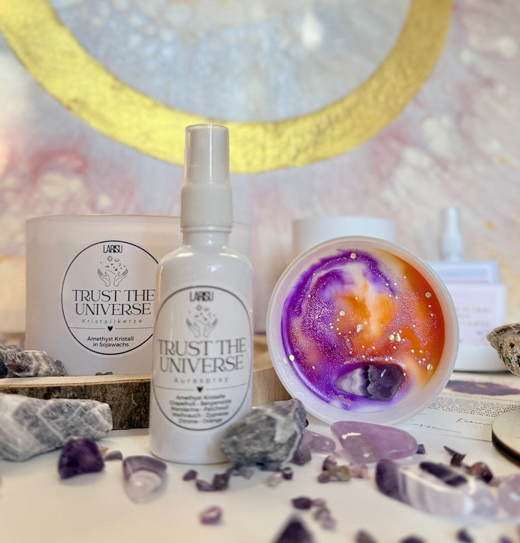 Kristallkerze „Trust the Universe“ mit Amethyst