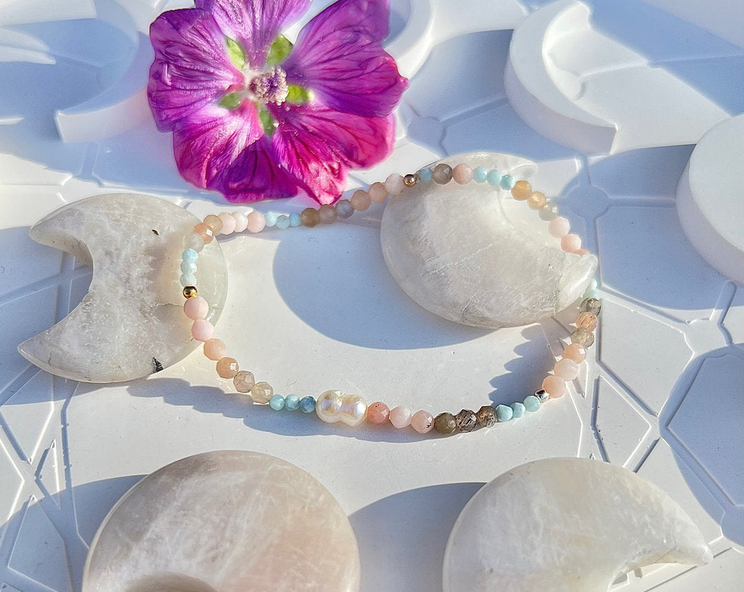 Larisu Mama und Kind Armband Set Larimar, Rosa Andenopal, Mondstein, Süßwasser-Perle