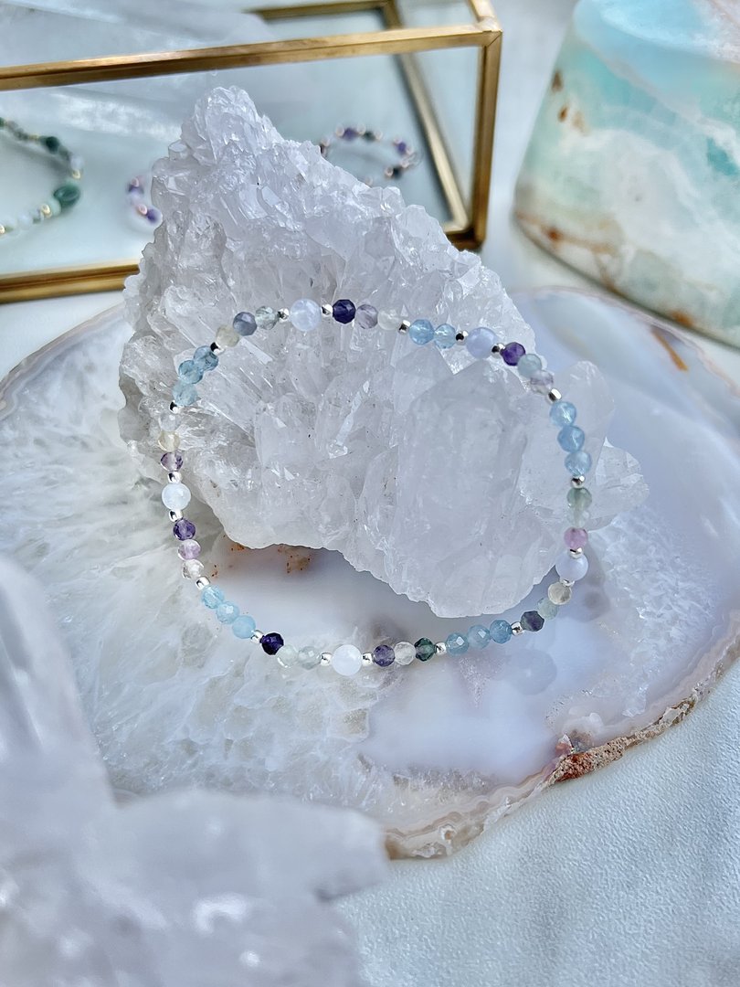 Armband Sternzeichen Zwillinge mit Fluorit, blauem Chalcedon und Aquamarin