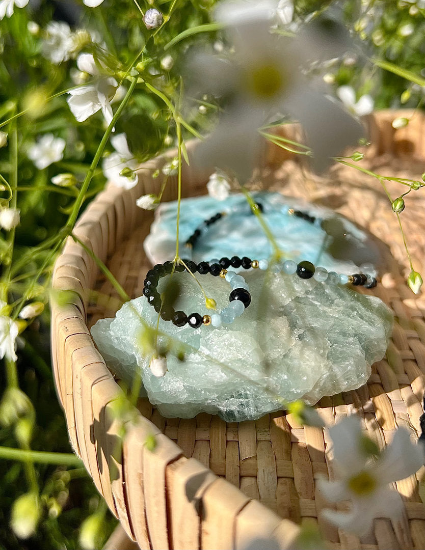 Ring mit Larimar, schwarzem Turmalin und Aquamarin